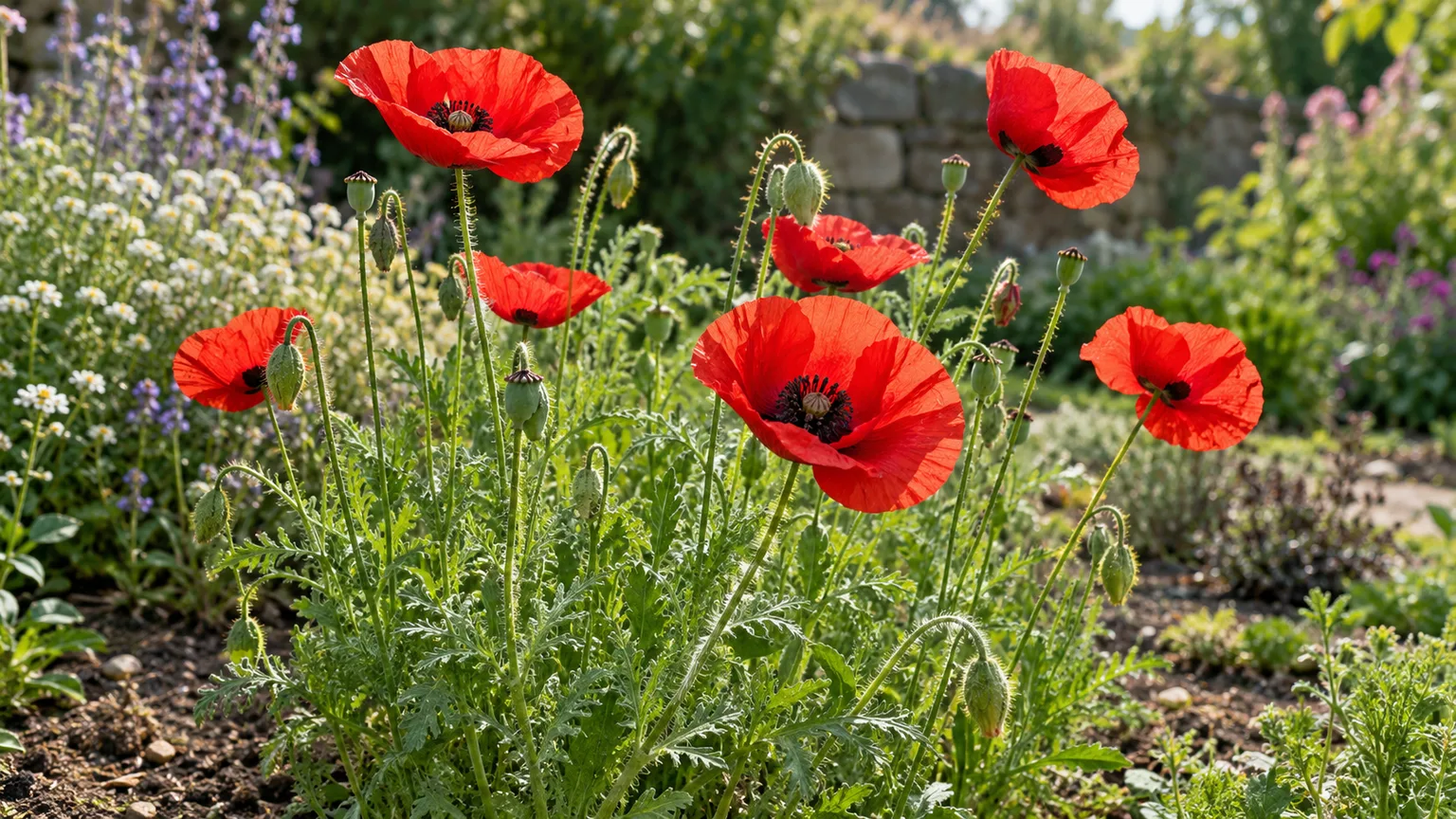 Scarlet common poppies growing in a sunny, well-drained garden bed