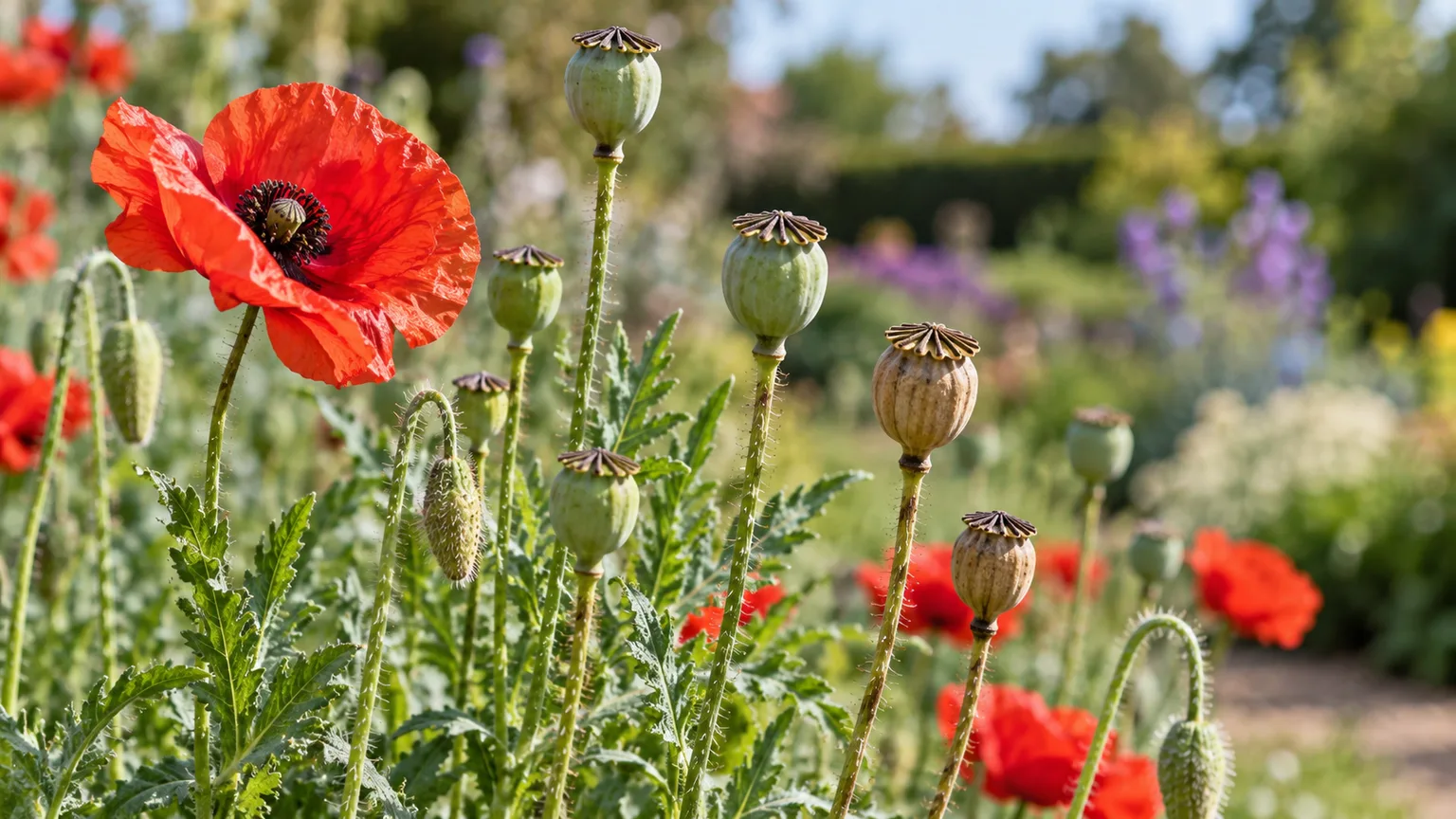 Dry common poppy seed capsules beside remaining flowers