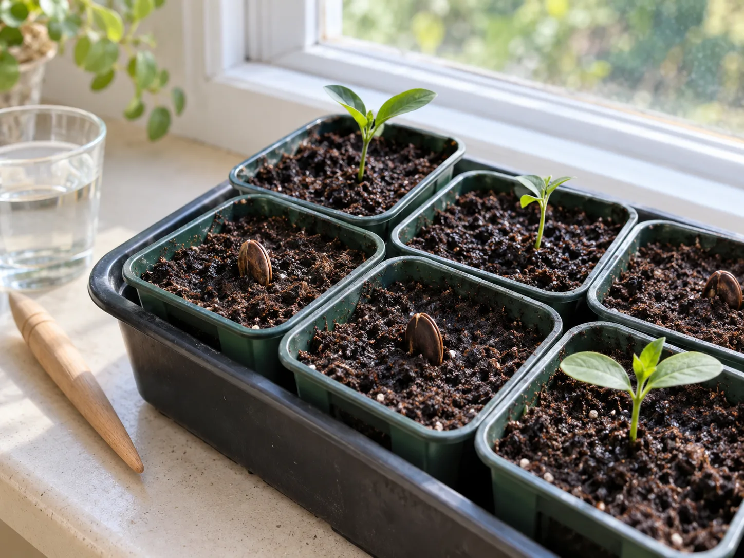 Cup-and-saucer vine seedlings in separate pots, with flat seeds sown on edge