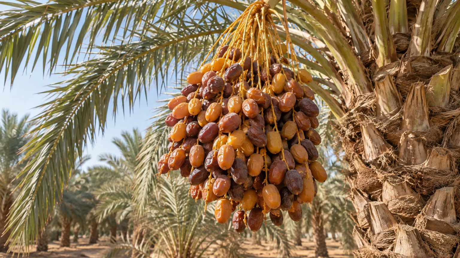 Amber and brown dates ripening in a bunch on the palm