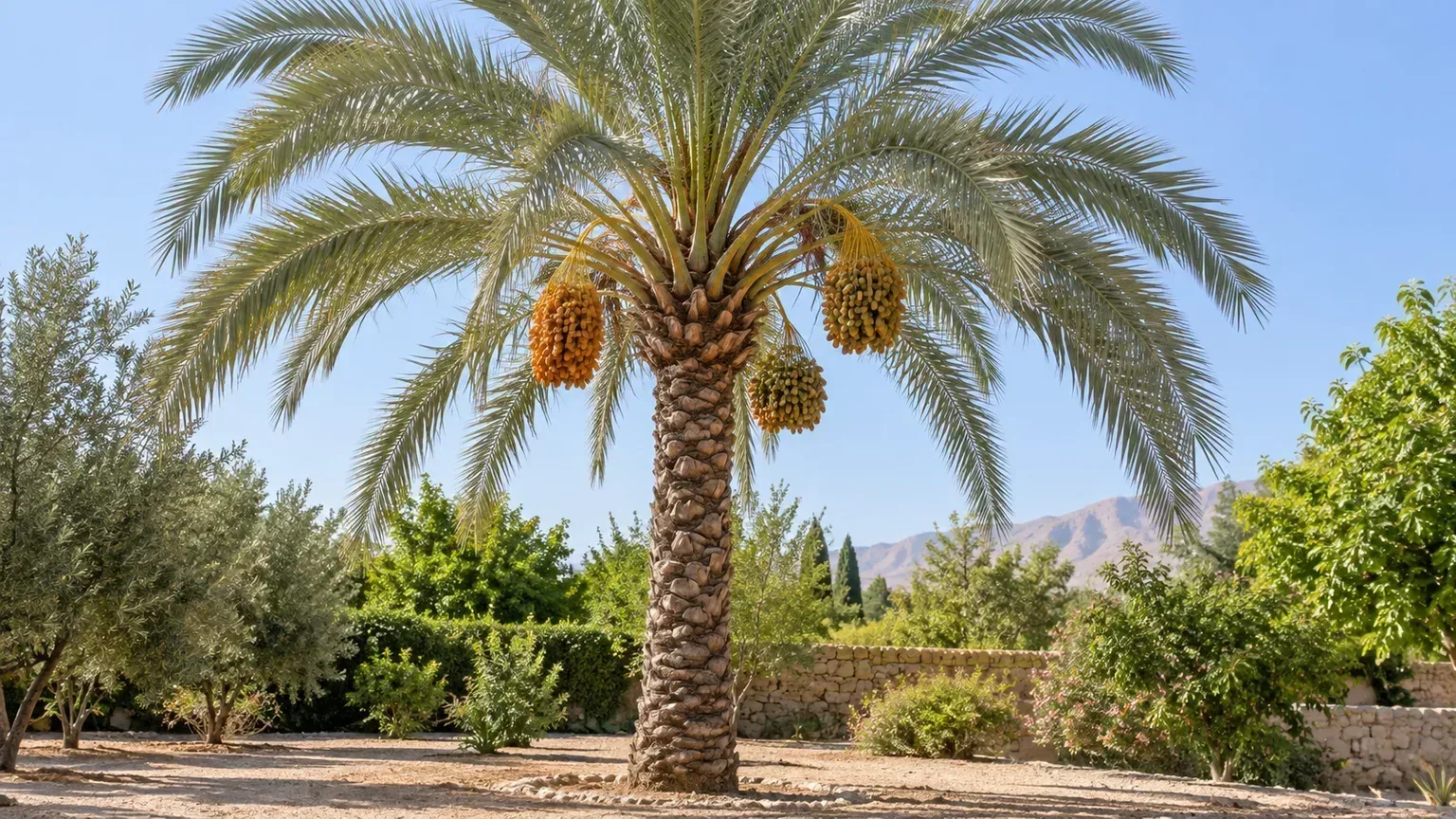 A mature date palm bearing ripe fruit in a sunlit dry garden