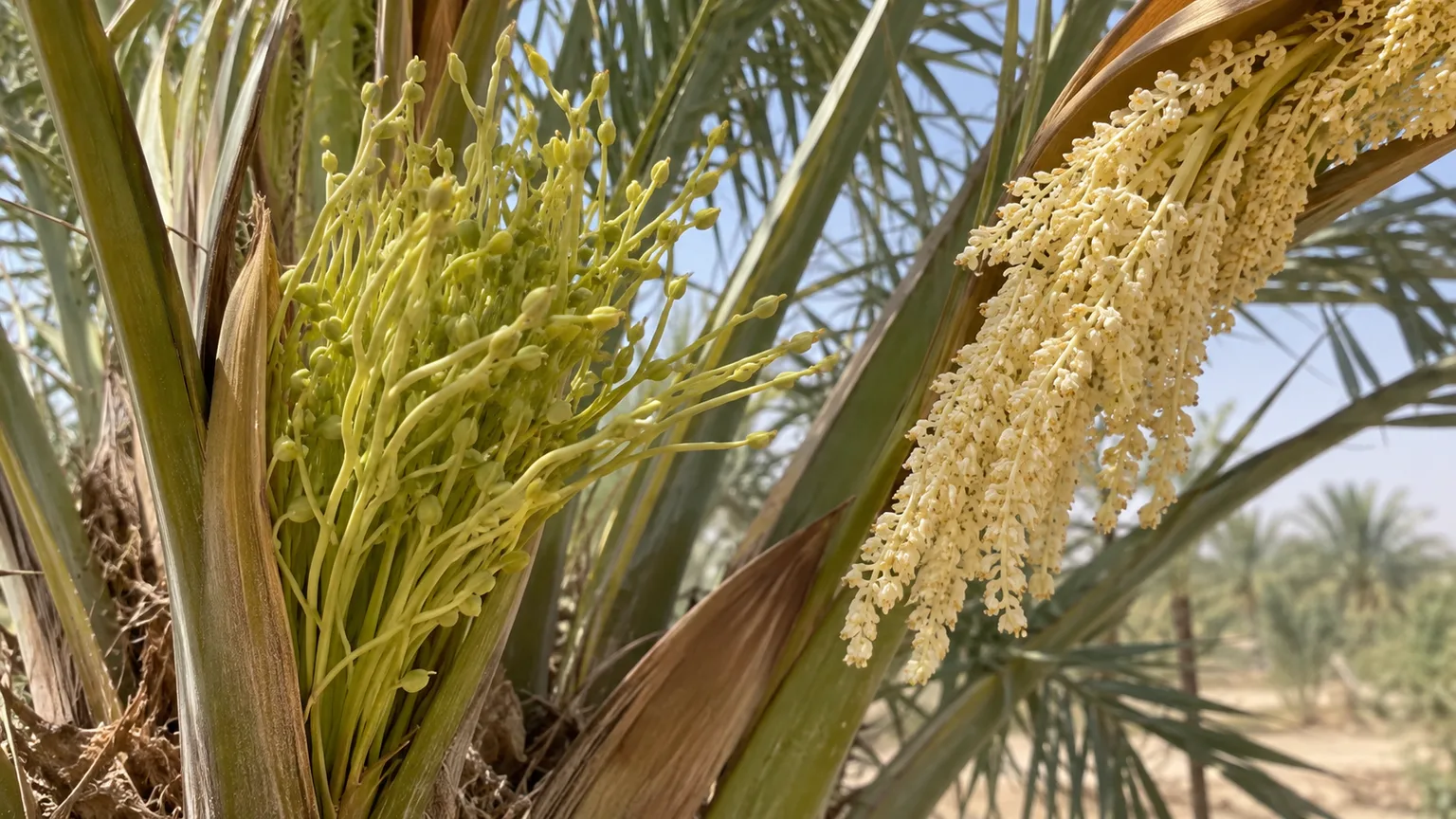 Male and female date-palm flower clusters at pollination time