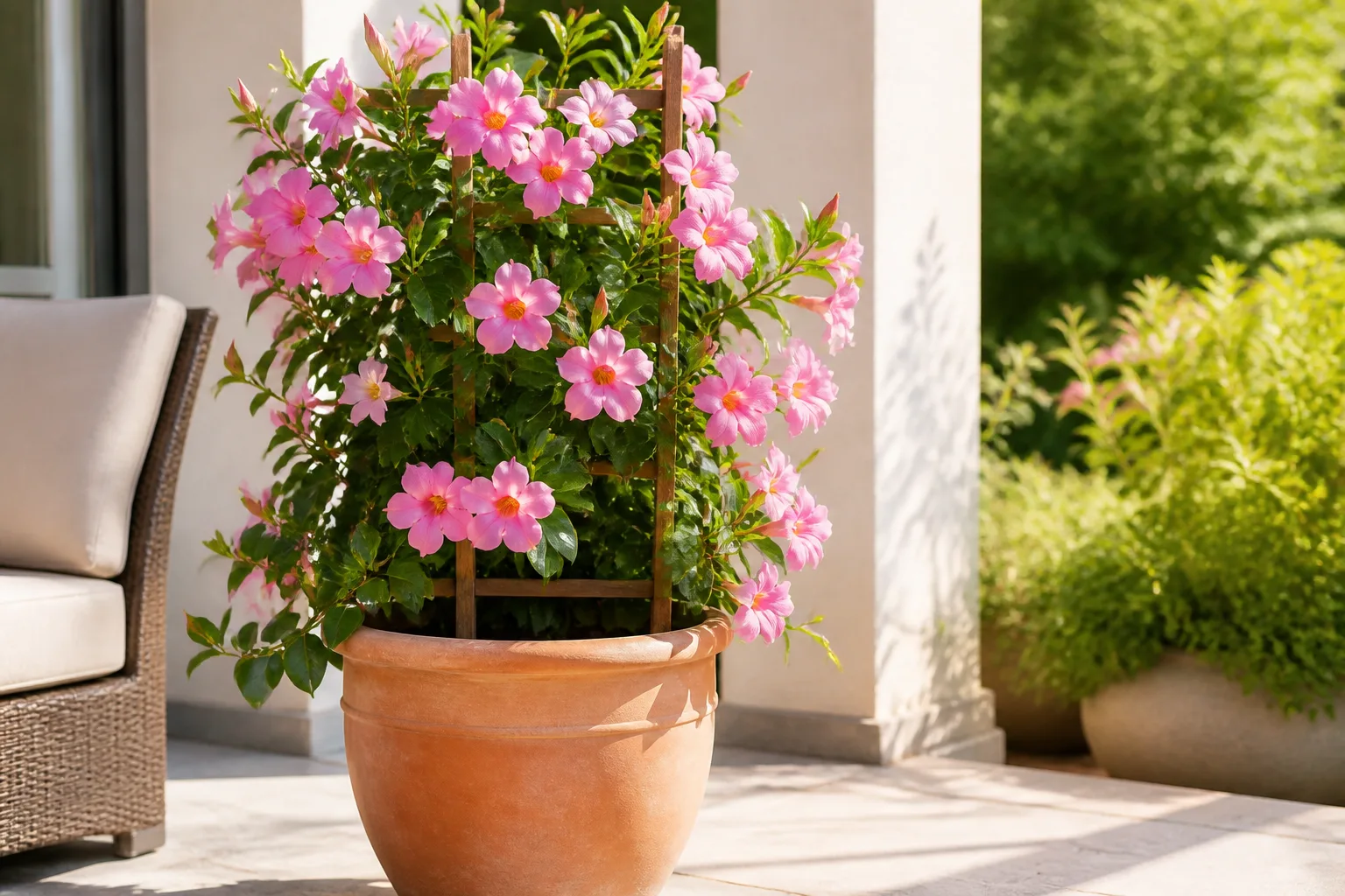 Pink mandevilla trumpet flowers climbing a wooden trellis in a terracotta patio container