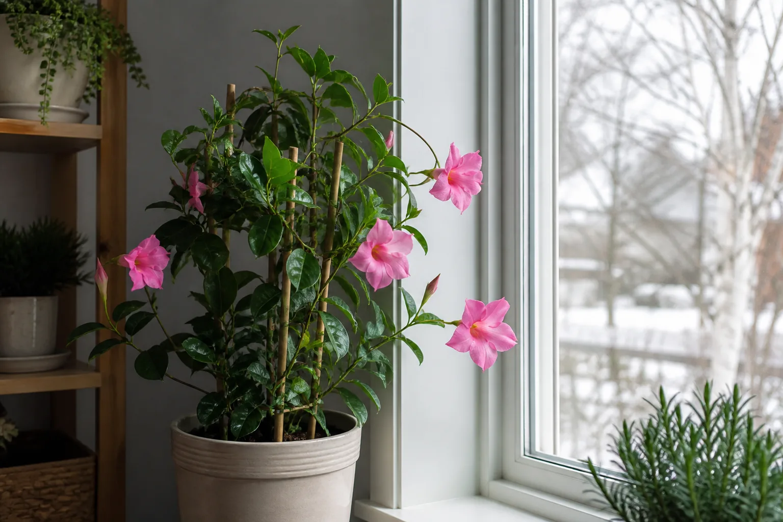 Potted flowering plant stored in a cool bright indoor space for winter dormancy