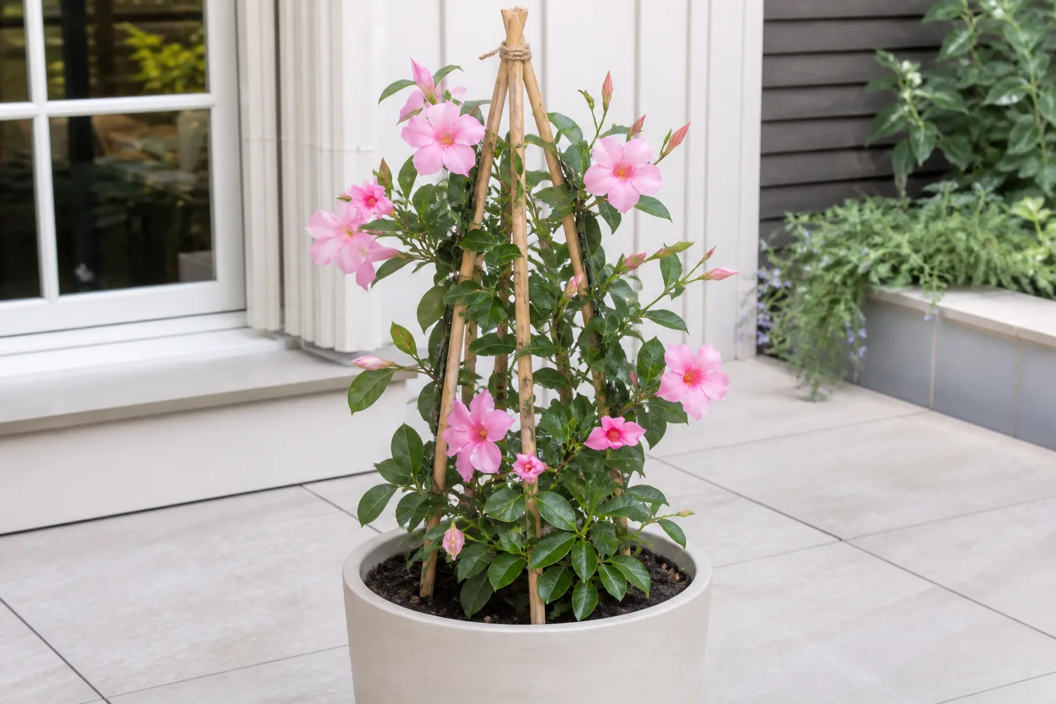 Tropical flowering vine trained on a trellis in a container outdoors