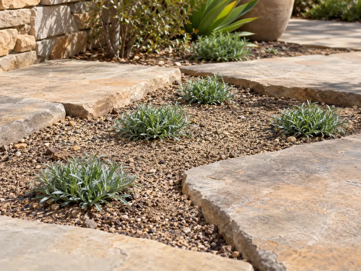 Young Dymondia plugs spaced in sandy soil between stepping stones