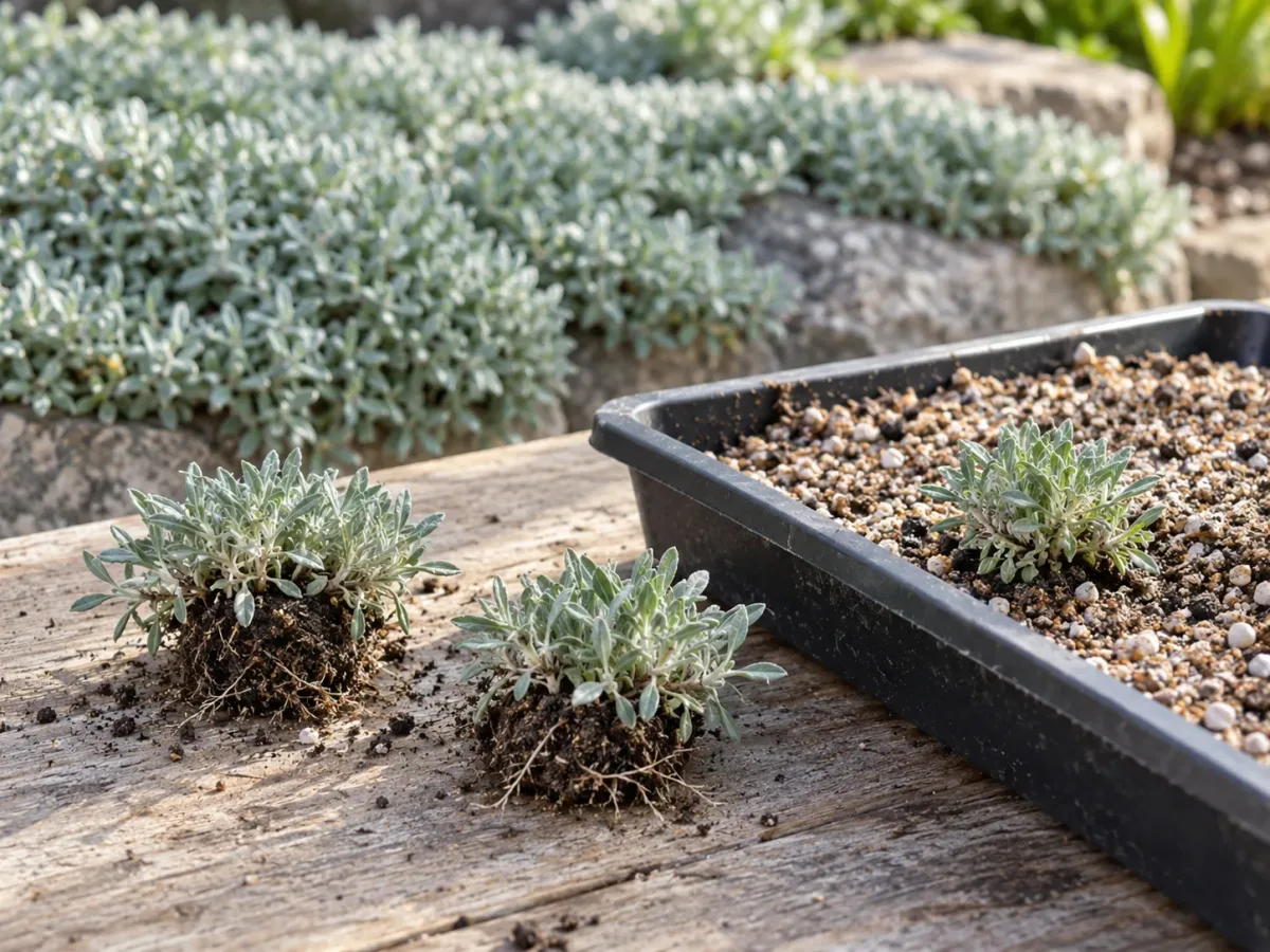 Rooted Dymondia divisions ready for replanting in sandy propagation mix