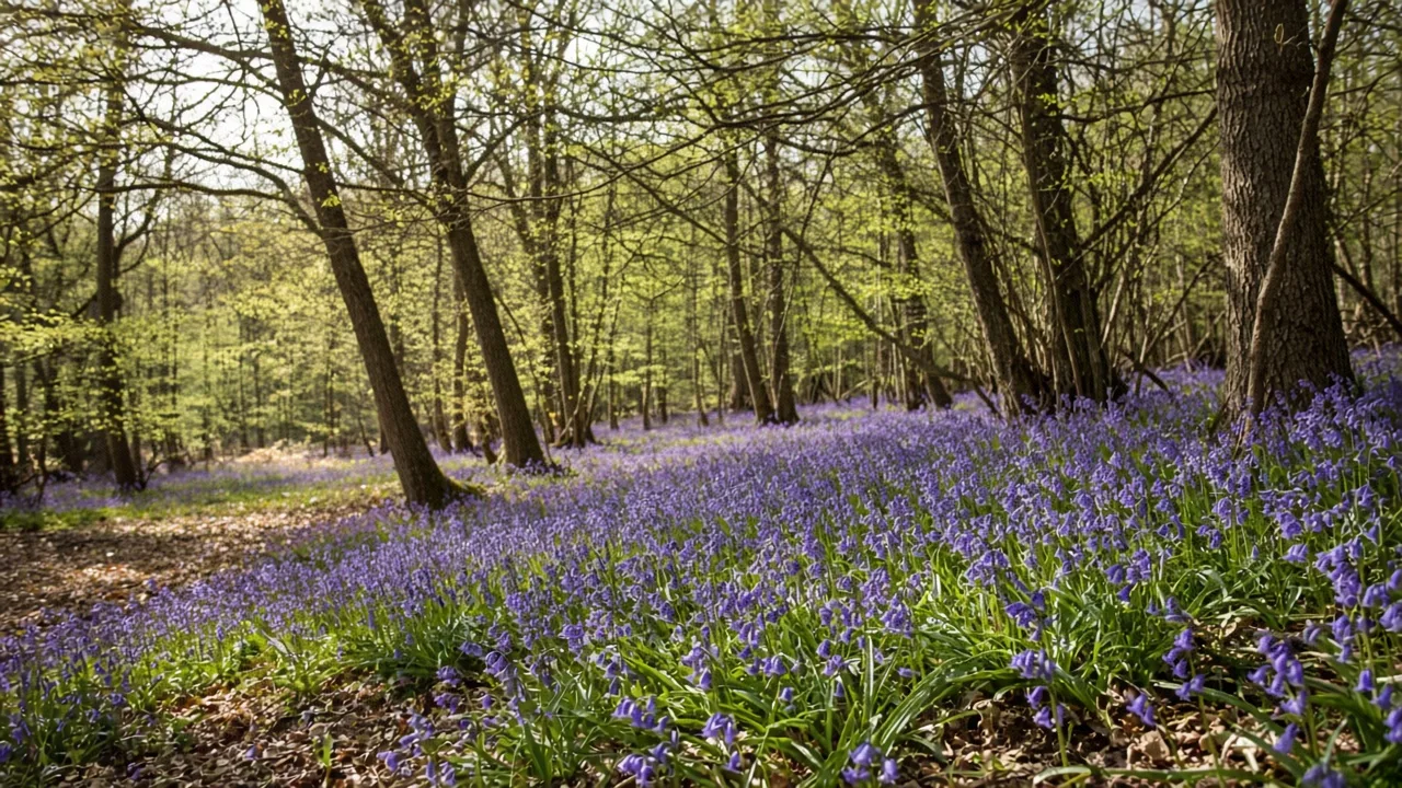 Spring woodland carpet of violet-blue English bluebells beneath deciduous trees