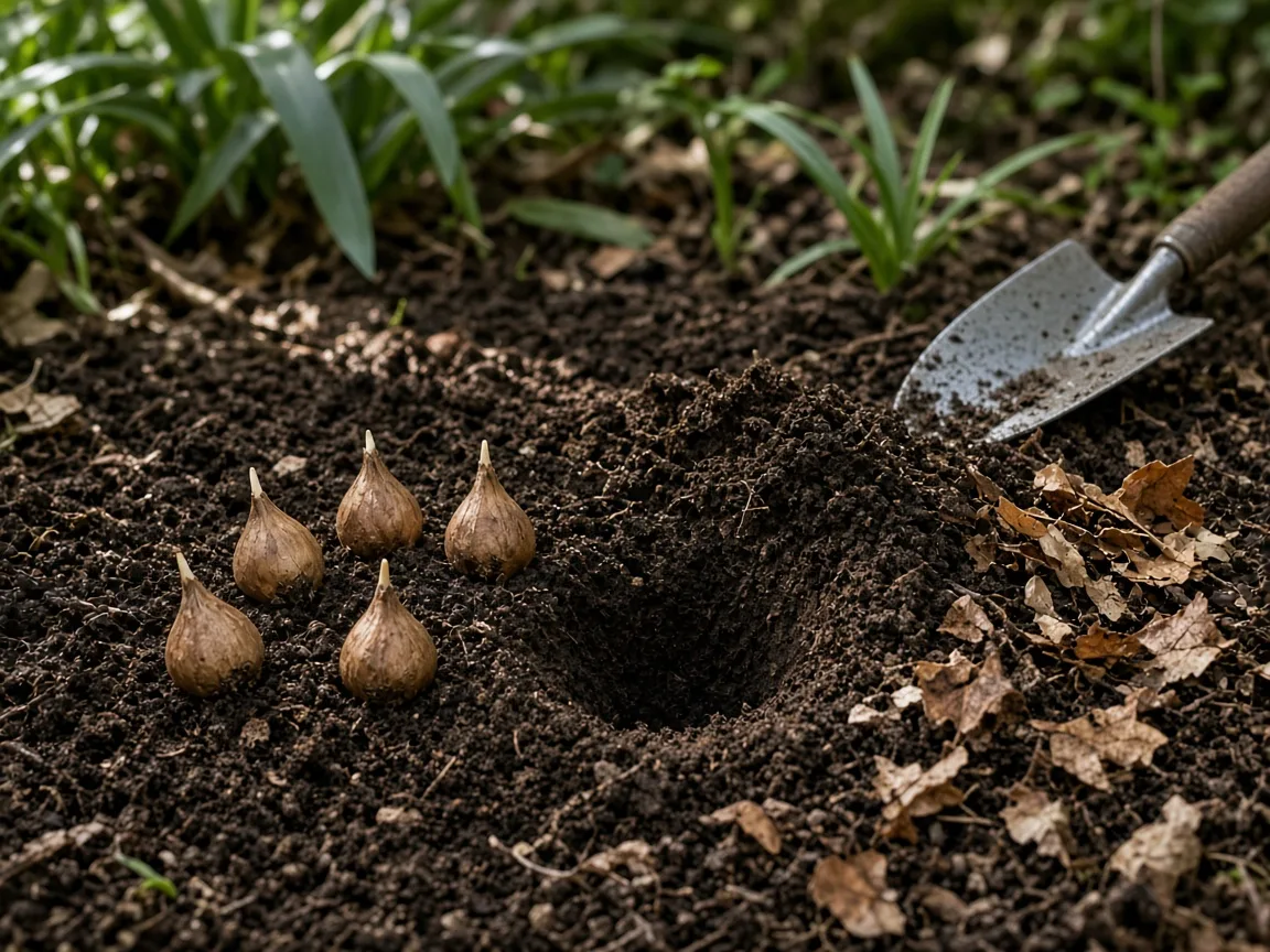 English bluebell bulbs beside a planting hole in humus-rich woodland soil