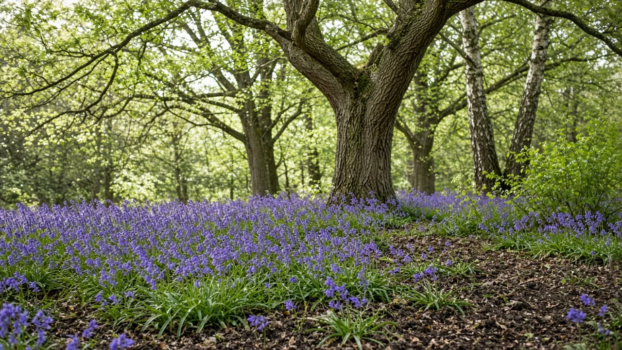 Naturalized English bluebells in irregular drifts beneath a deciduous tree