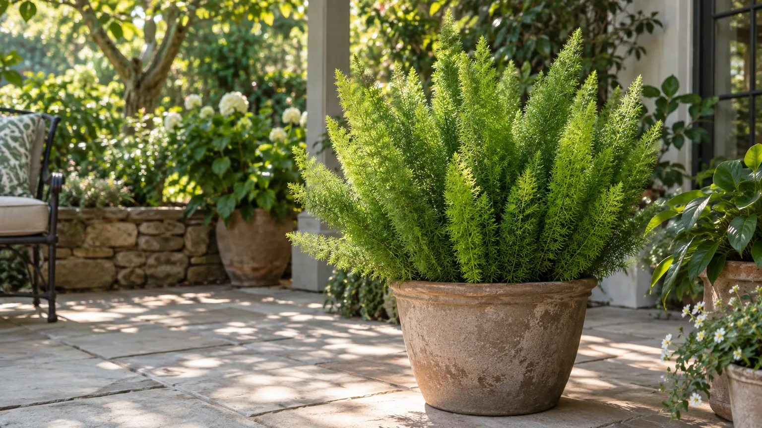 Foxtail fern growing in a patio container under dappled shade