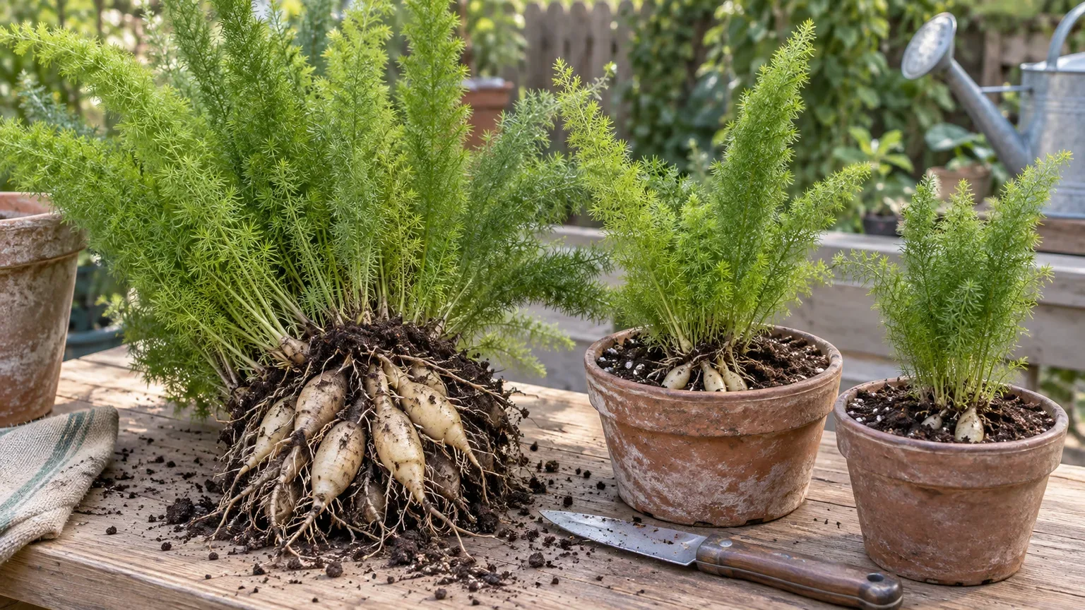 Foxtail fern root crown with fleshy tubers and two rooted divisions in pots