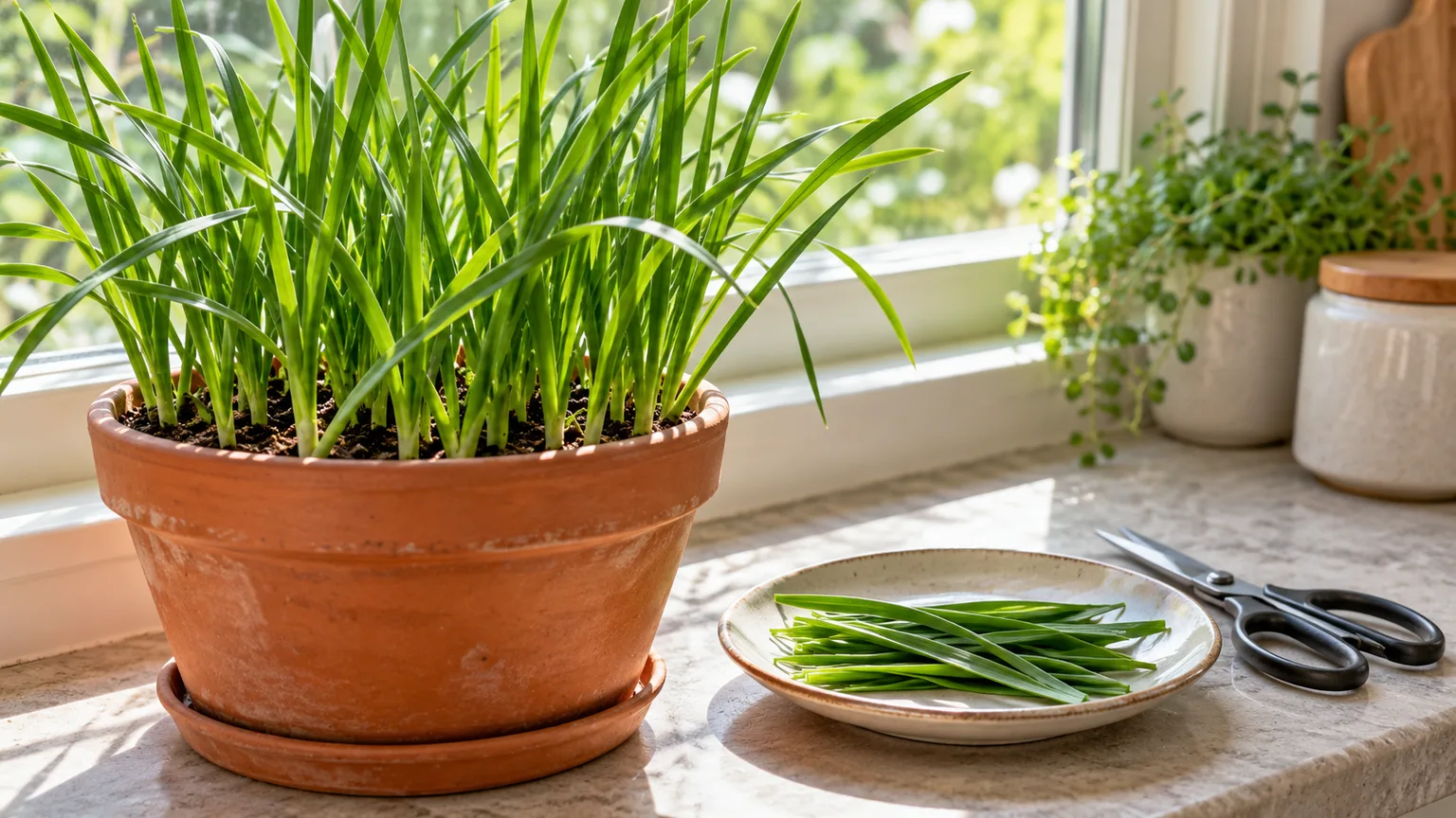 Freshly clipped garlic greens beside a healthy pot of indoor garlic