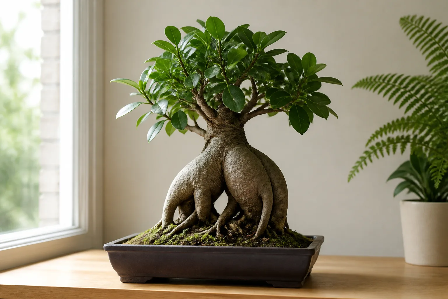 Ginseng ficus bonsai with swollen potbelly trunk and exposed surface roots in a shallow ceramic pot on a bright windowsill