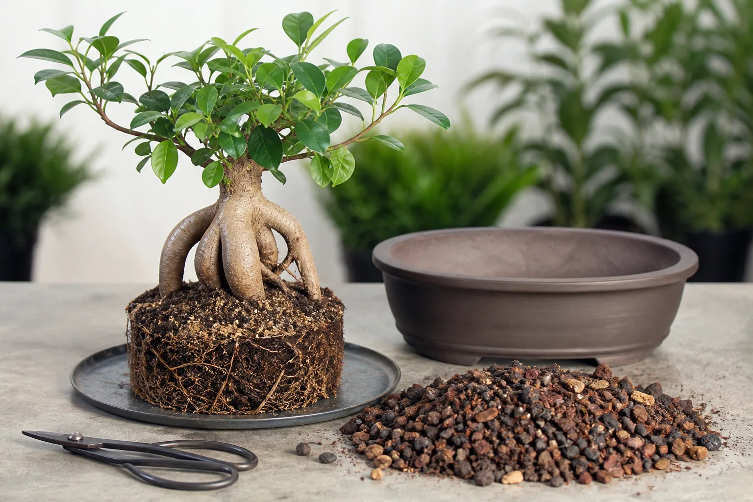 Ginseng ficus bonsai lifted from its pot with trimmed roots and fresh bonsai soil mix