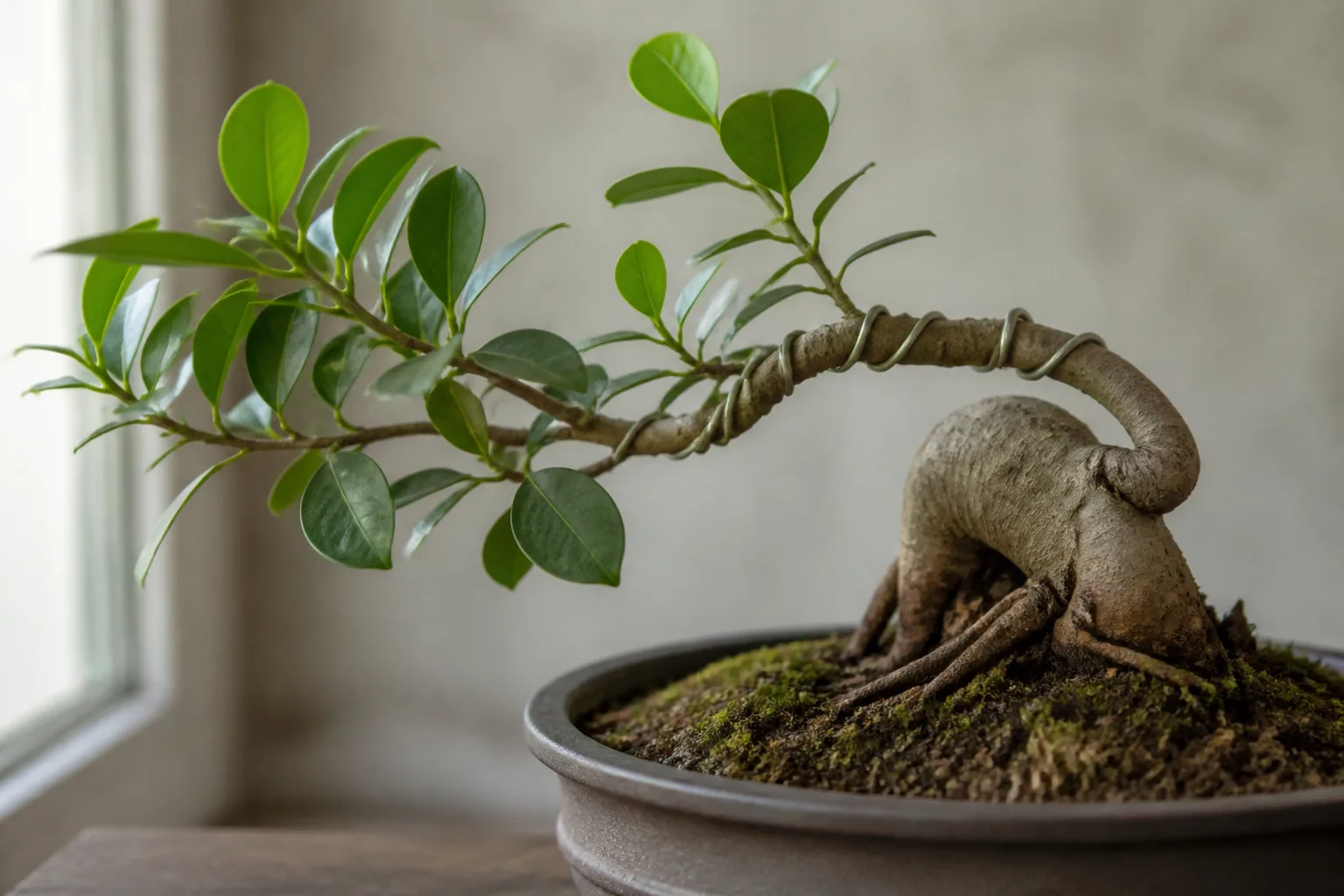 Ginseng ficus bonsai branch shaped with anodized aluminum training wire