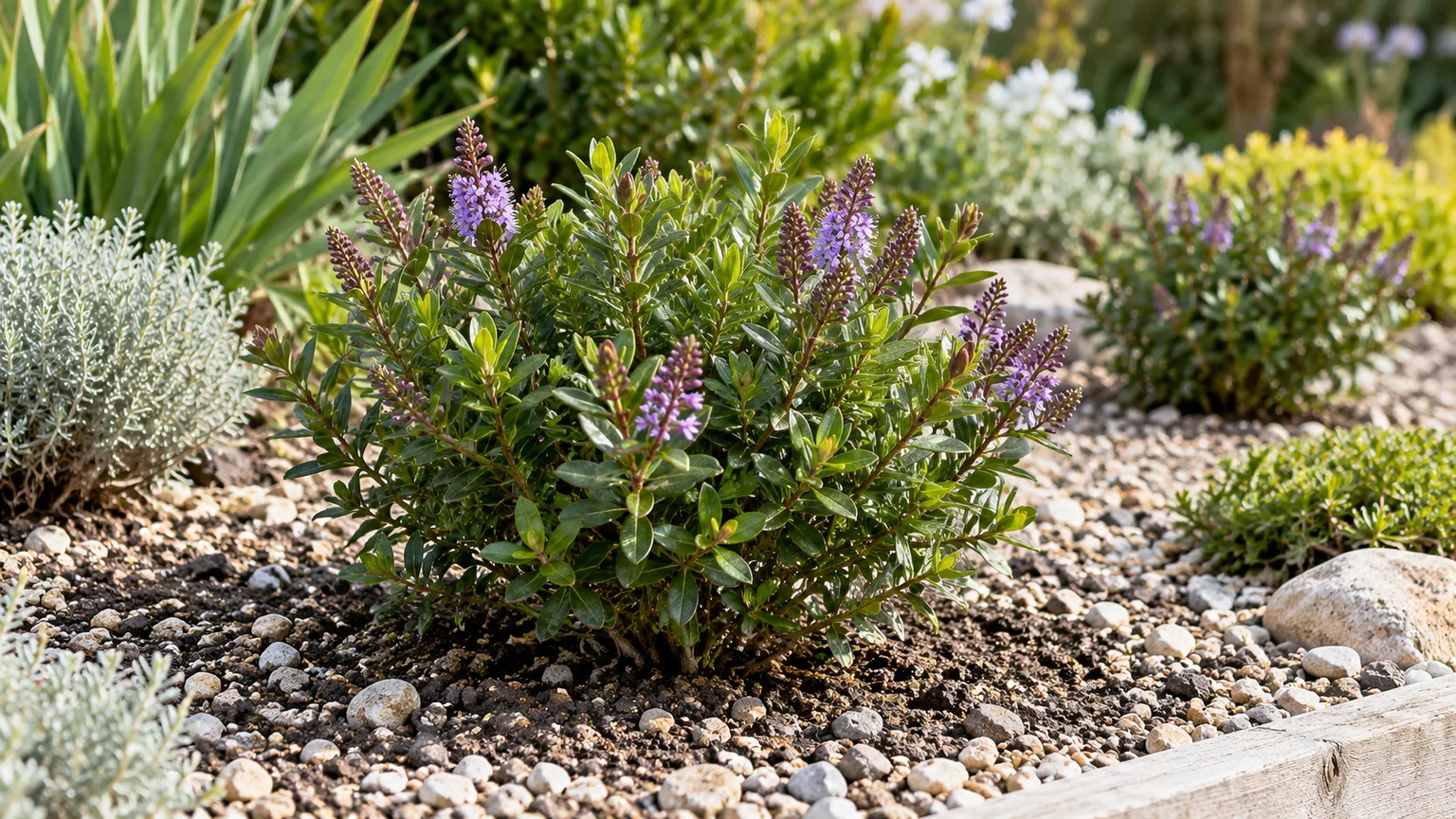A compact Hebe shrub planted at soil level in a sunny, gravel-mulched raised bed.