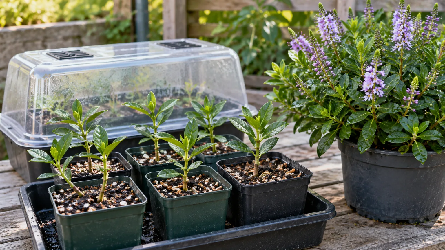 Semi-ripe Hebe cuttings in airy propagation mix beside the parent shrub in a sheltered garden spot.