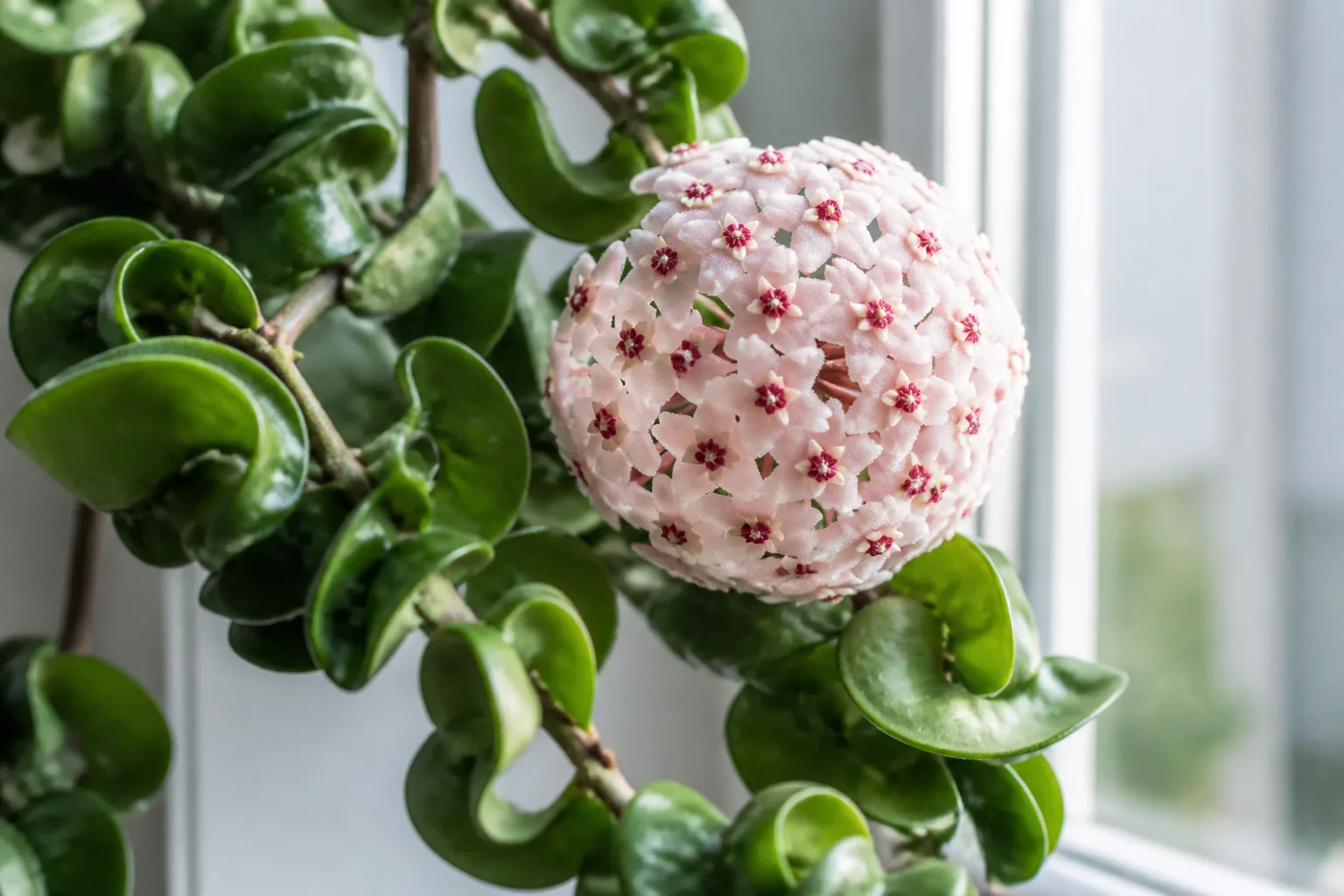 Hindu rope wax plant with pinkish-white star-shaped flower cluster on curled foliage