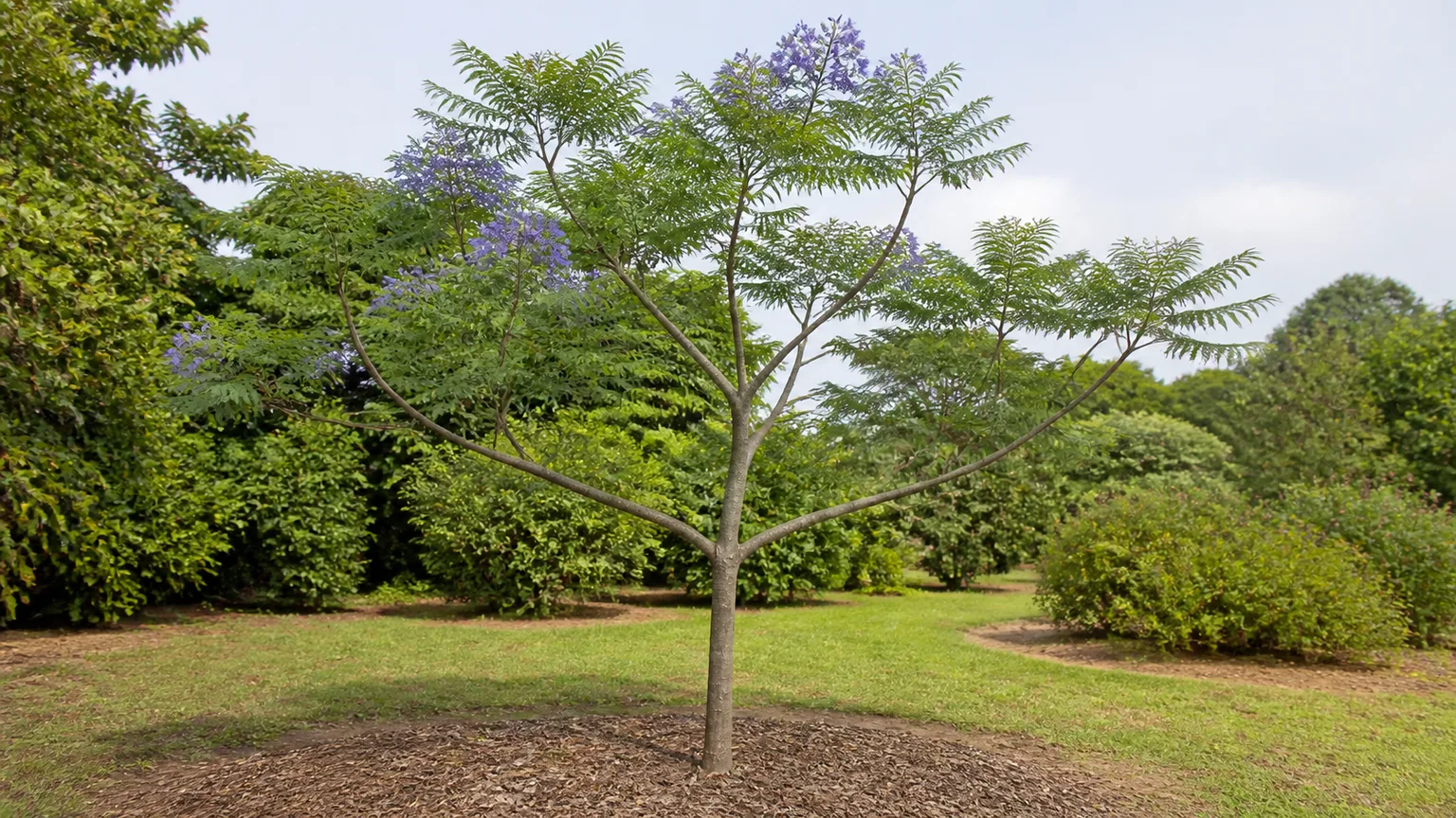 Young jacaranda tree trained to one central leader with well-spaced scaffold branches