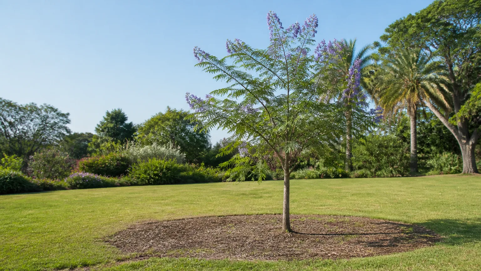Young jacaranda tree in a wide sunny planting site with open root space and a broad mulch ring