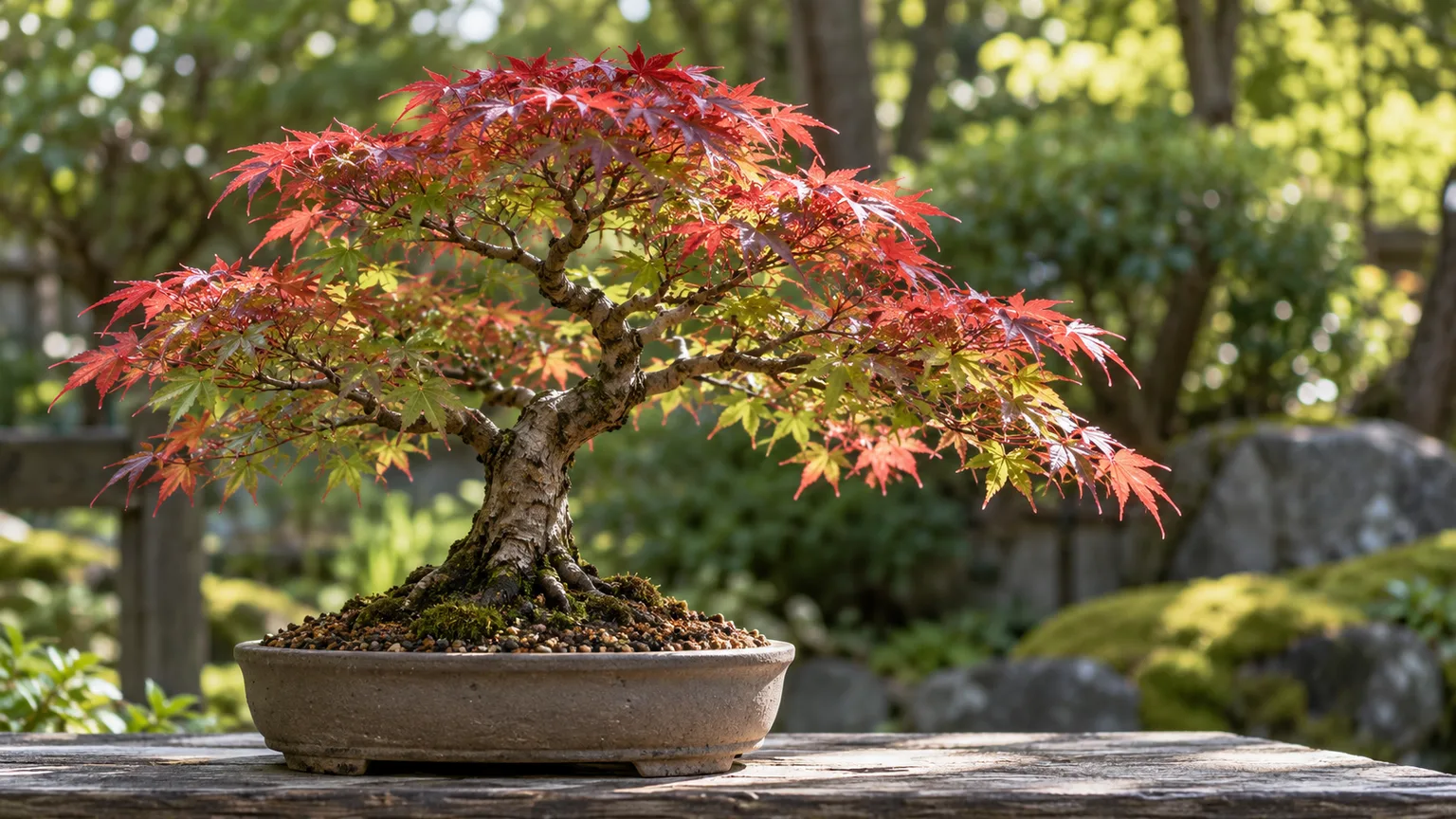 Japanese maple bonsai with red spring foliage in a shallow ceramic pot outdoors