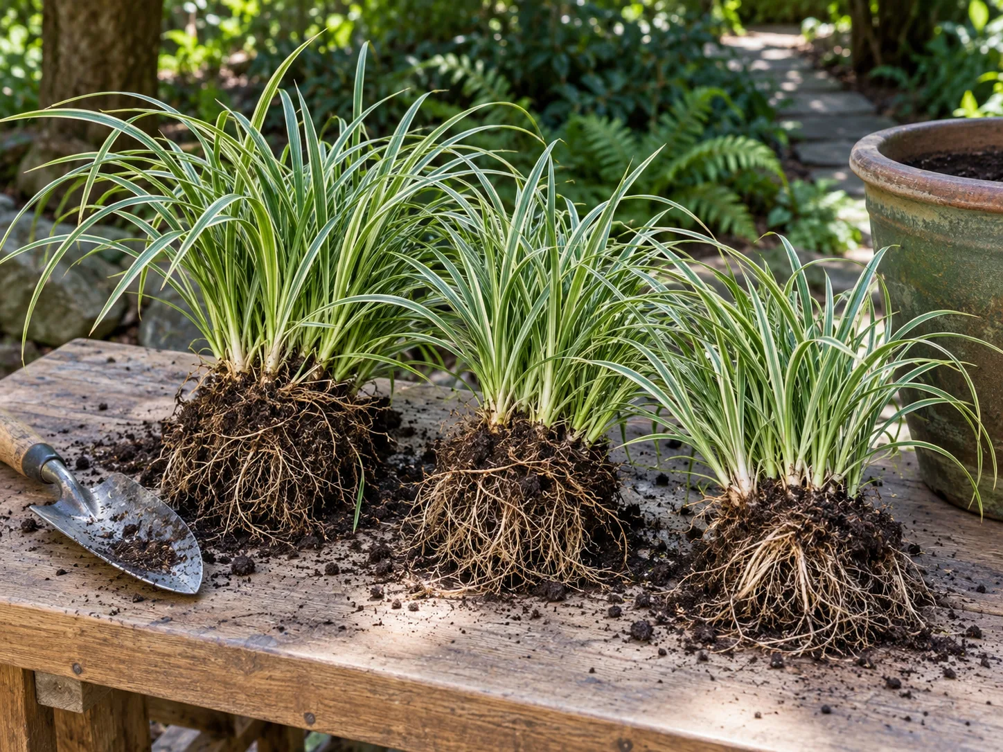 Three rooted Japanese sedge divisions arranged beside the parent clump on a garden bench