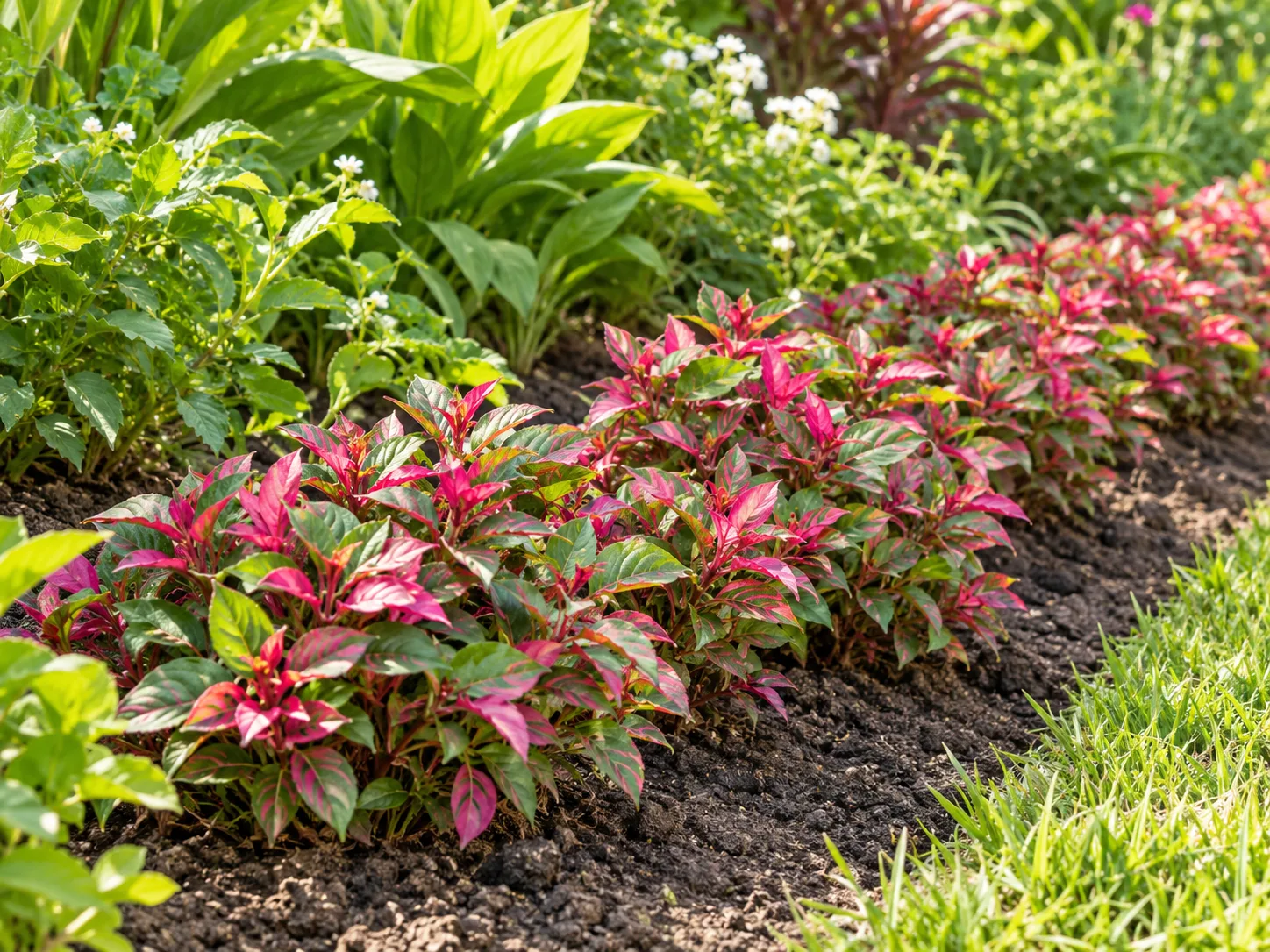 Low, pink-and-green Joseph's coat planted as a short edging in a sunny garden bed