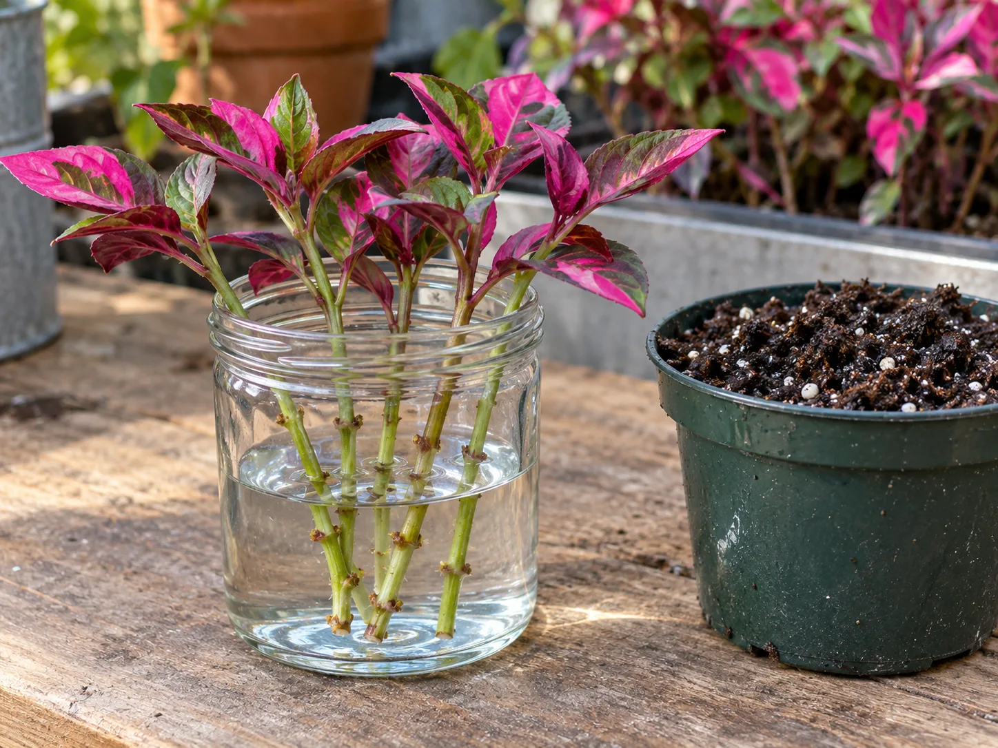 Joseph's coat stem cuttings in water beside a pot of moist propagation mix