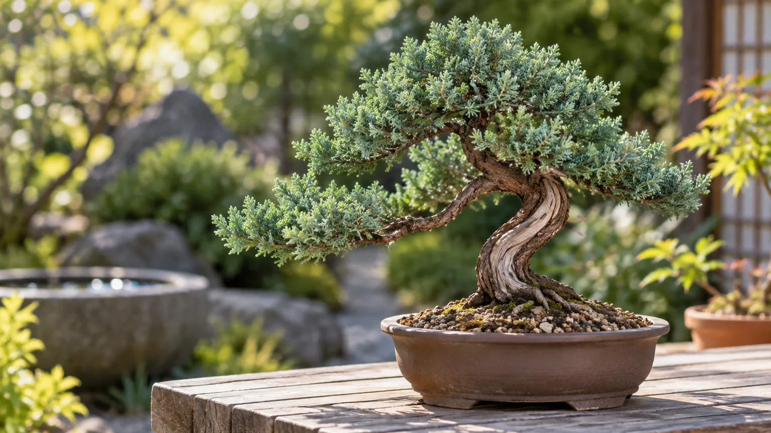 Healthy blue-green juniper bonsai in a shallow pot on an outdoor garden bench