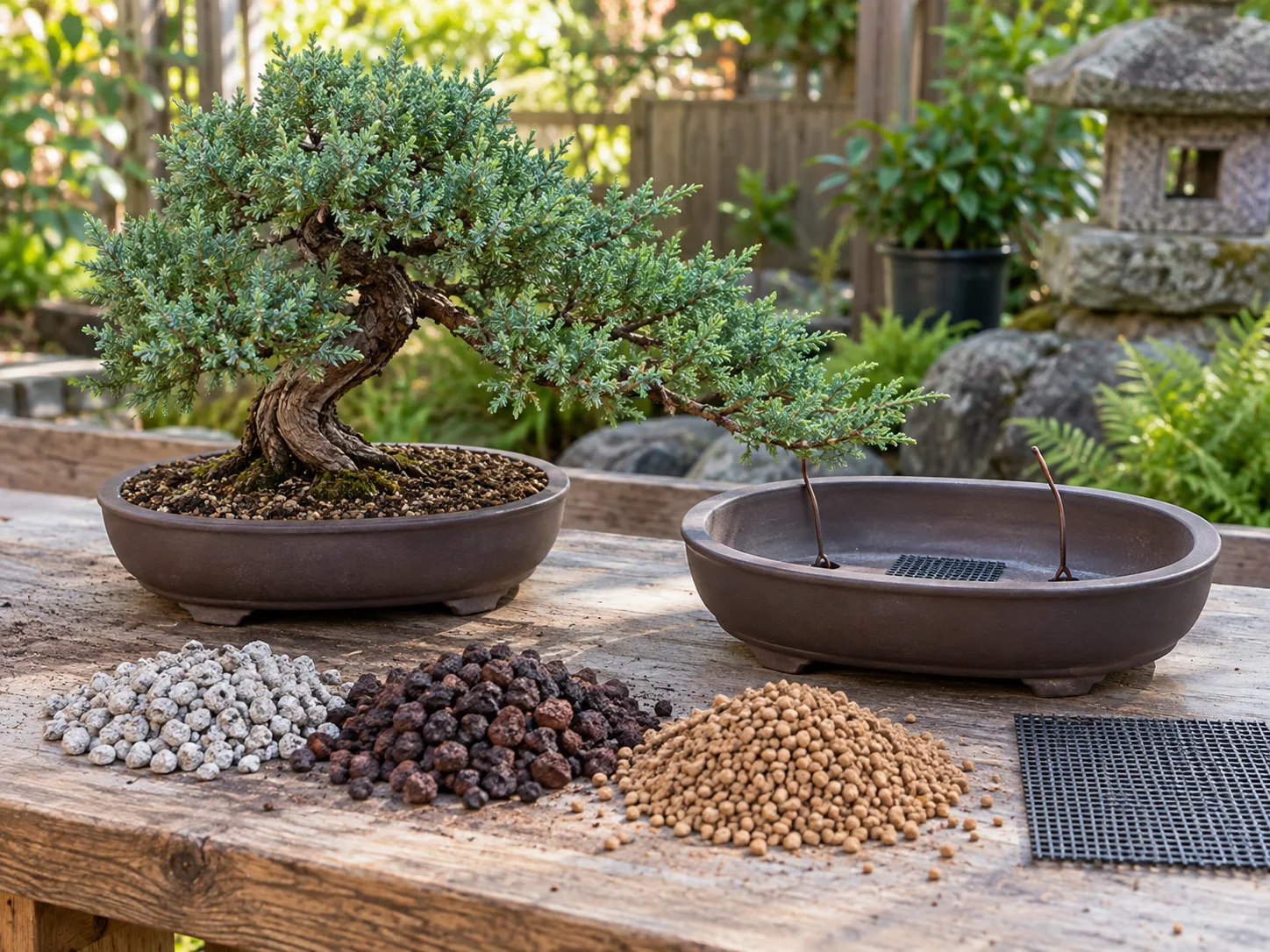 Juniper bonsai repotting setup with a shallow training pot, drainage screen, and coarse soil materials