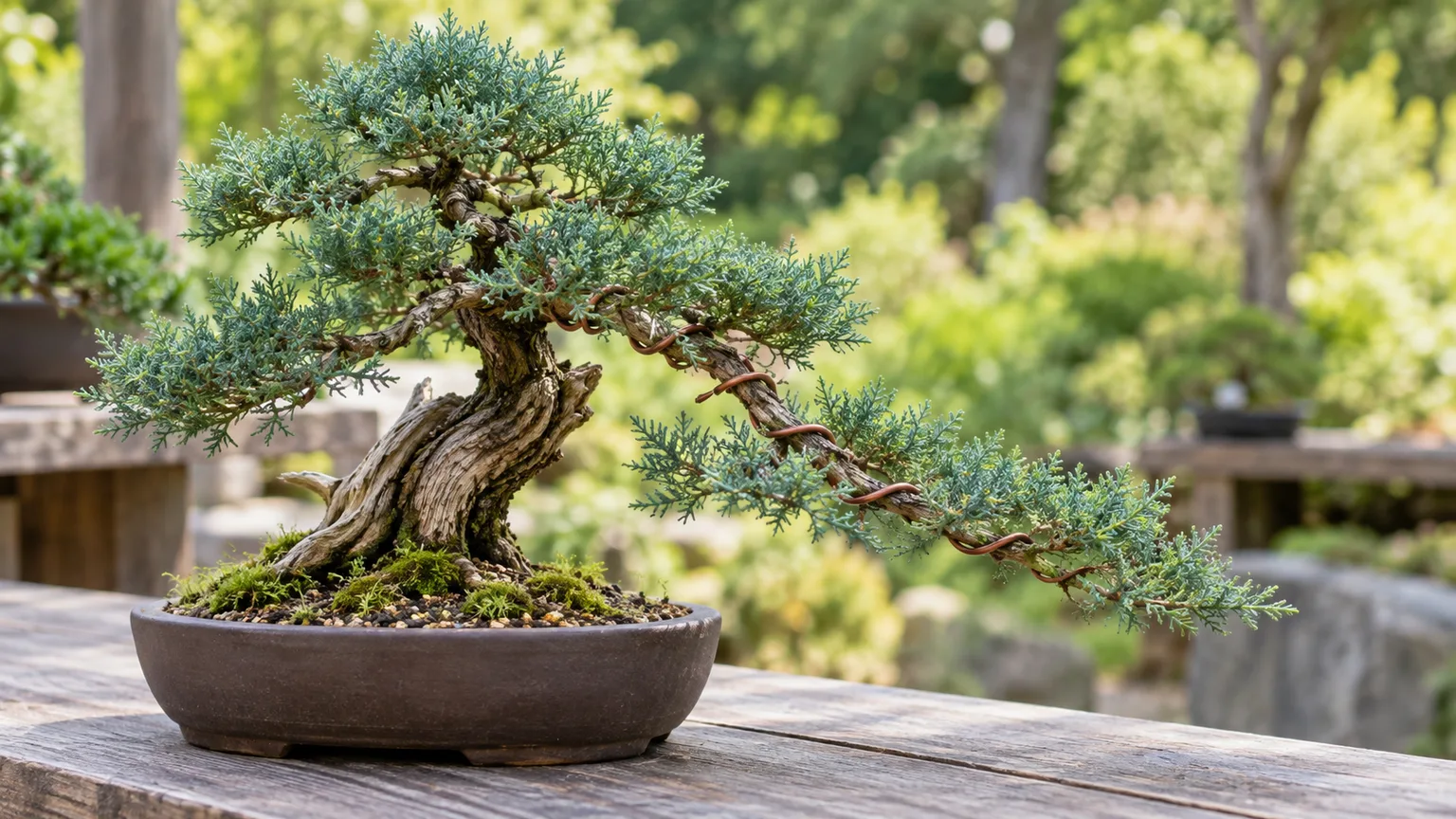 Juniper bonsai branch gently shaped with aluminum wire on an outdoor potting bench