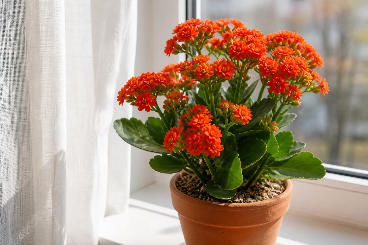 Peperomia on a bright windowsill with filtered indirect light through a sheer curtain