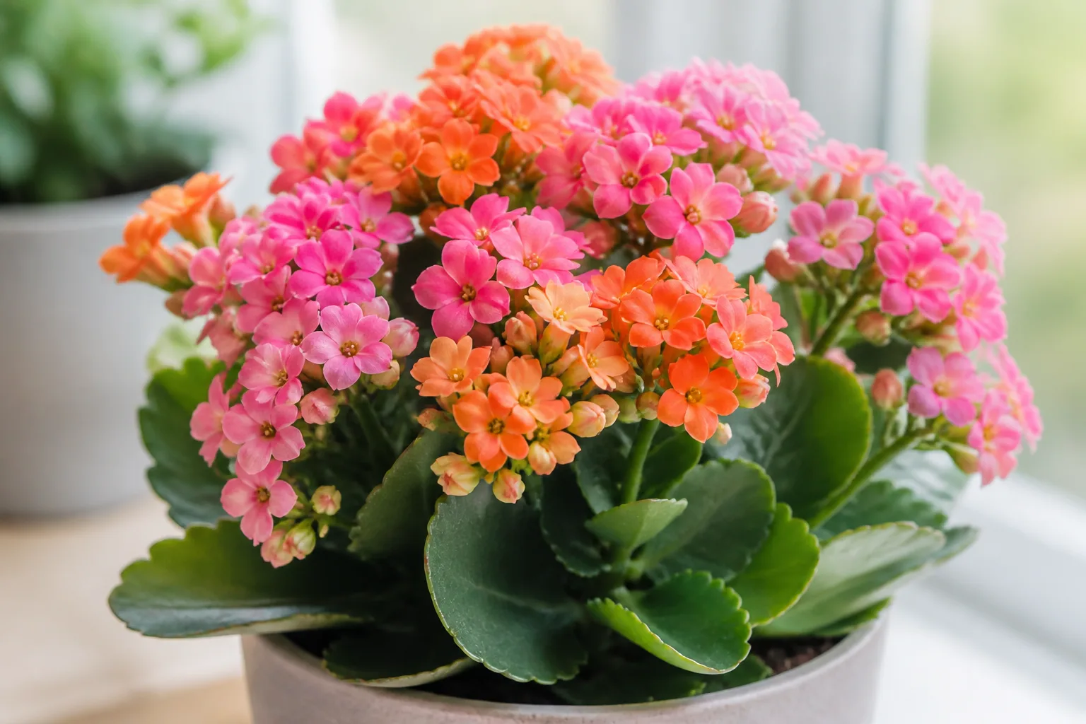 Dense clusters of pink and orange kalanchoe blossoms above scalloped succulent leaves