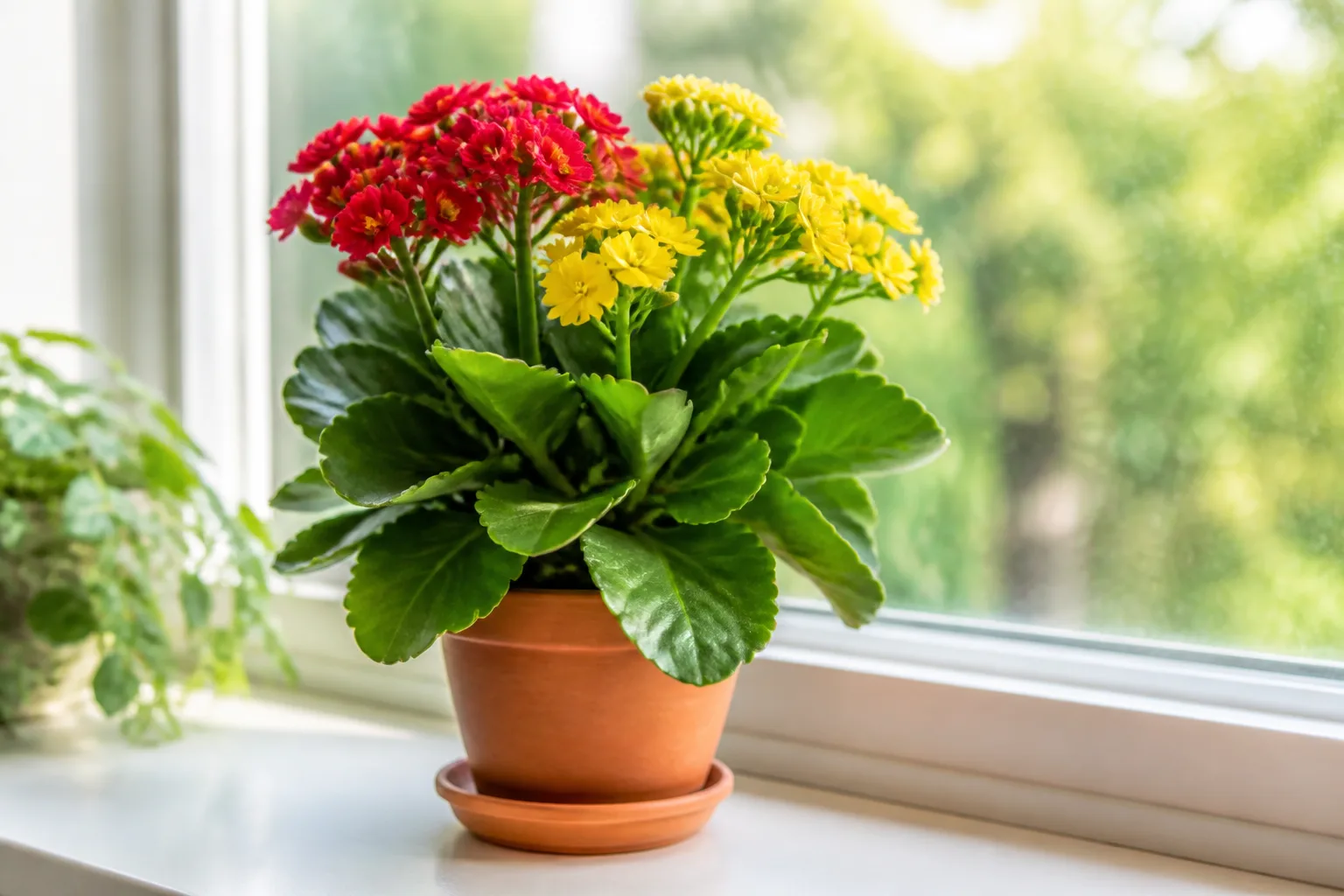Kalanchoe blossfeldiana with colorful flower clusters in a terracotta pot on a bright windowsill