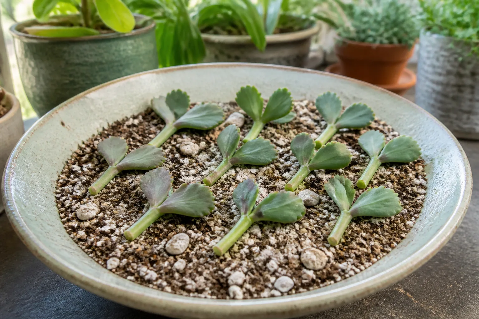 Kalanchoe stem cuttings callousing on gritty succulent potting mix before rooting
