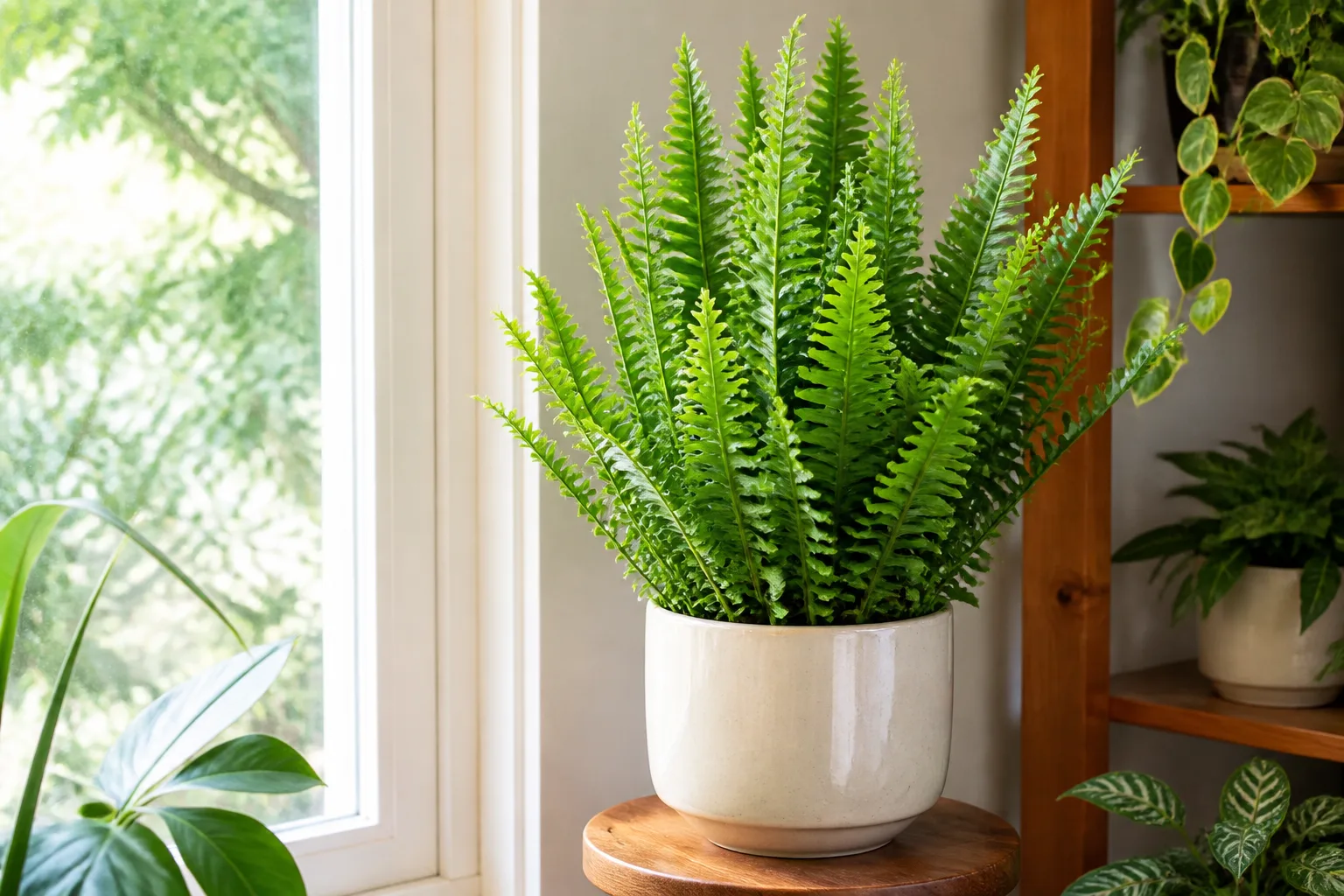 Kimberley Queen fern with upright sword-shaped green fronds in a ceramic pot on a bright indoor plant stand