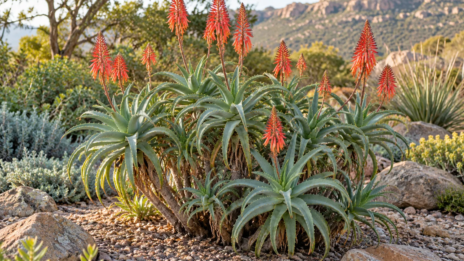 Mature Krantz aloe with branching blue-green rosettes and red-orange flowers in a sunny rock garden