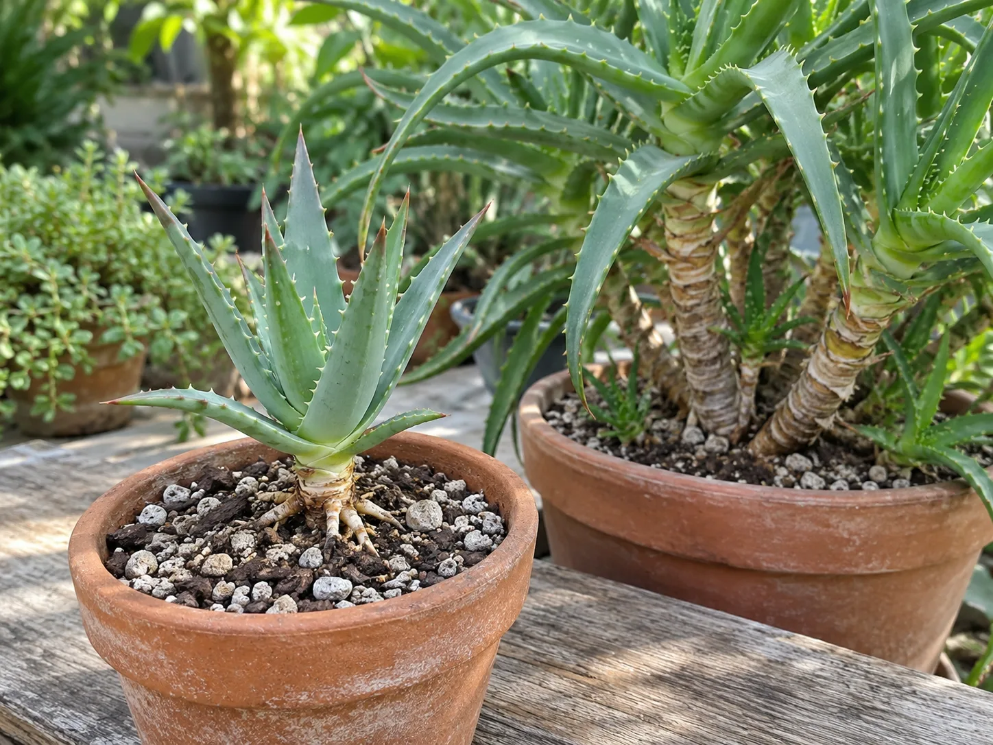 Rooted Krantz aloe offset planted in a small pot of gritty succulent mix beside the mature parent plant
