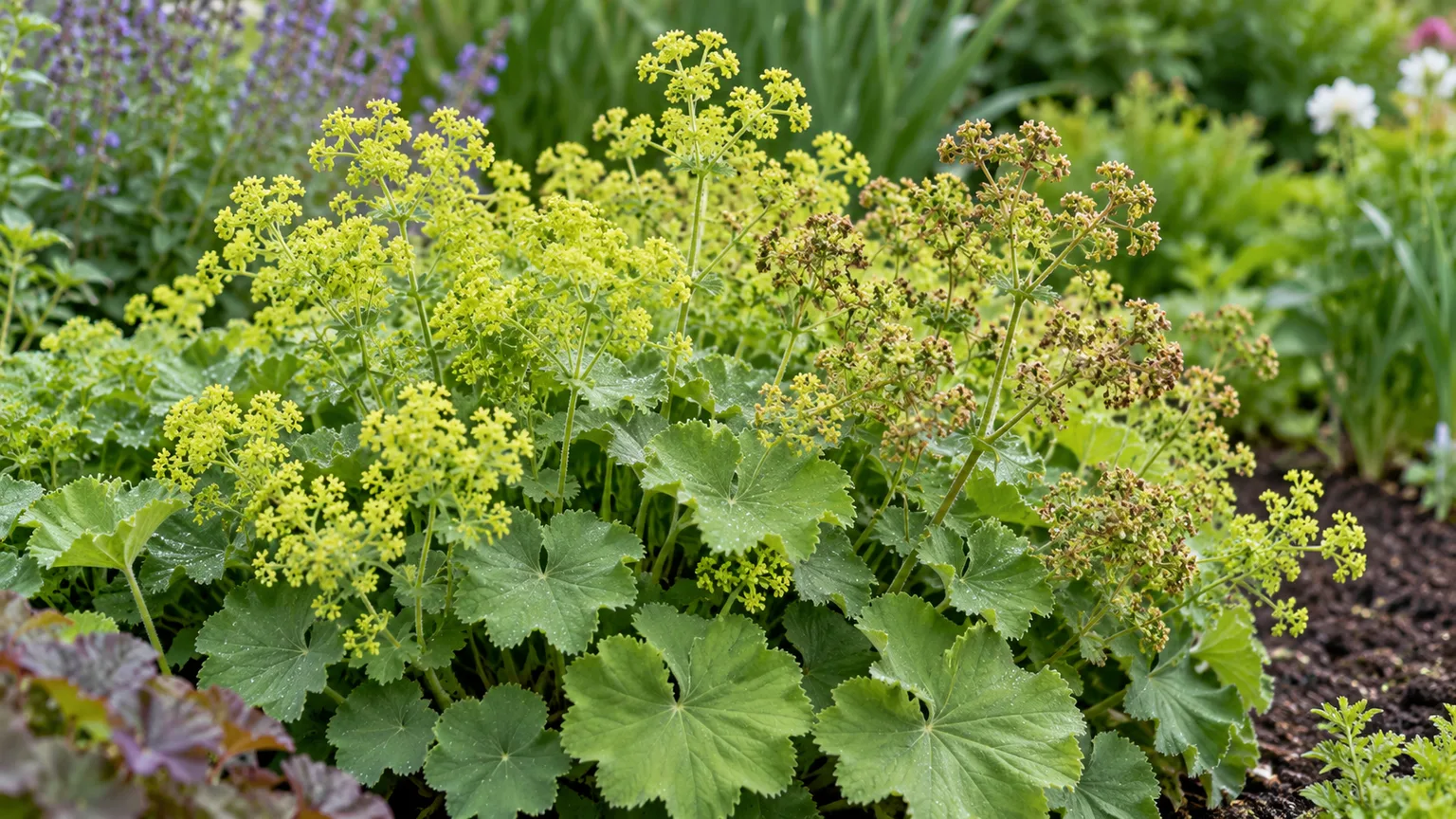 Fresh and fading lady’s mantle flower clusters show which stalks to remove before they mature into seed heads.