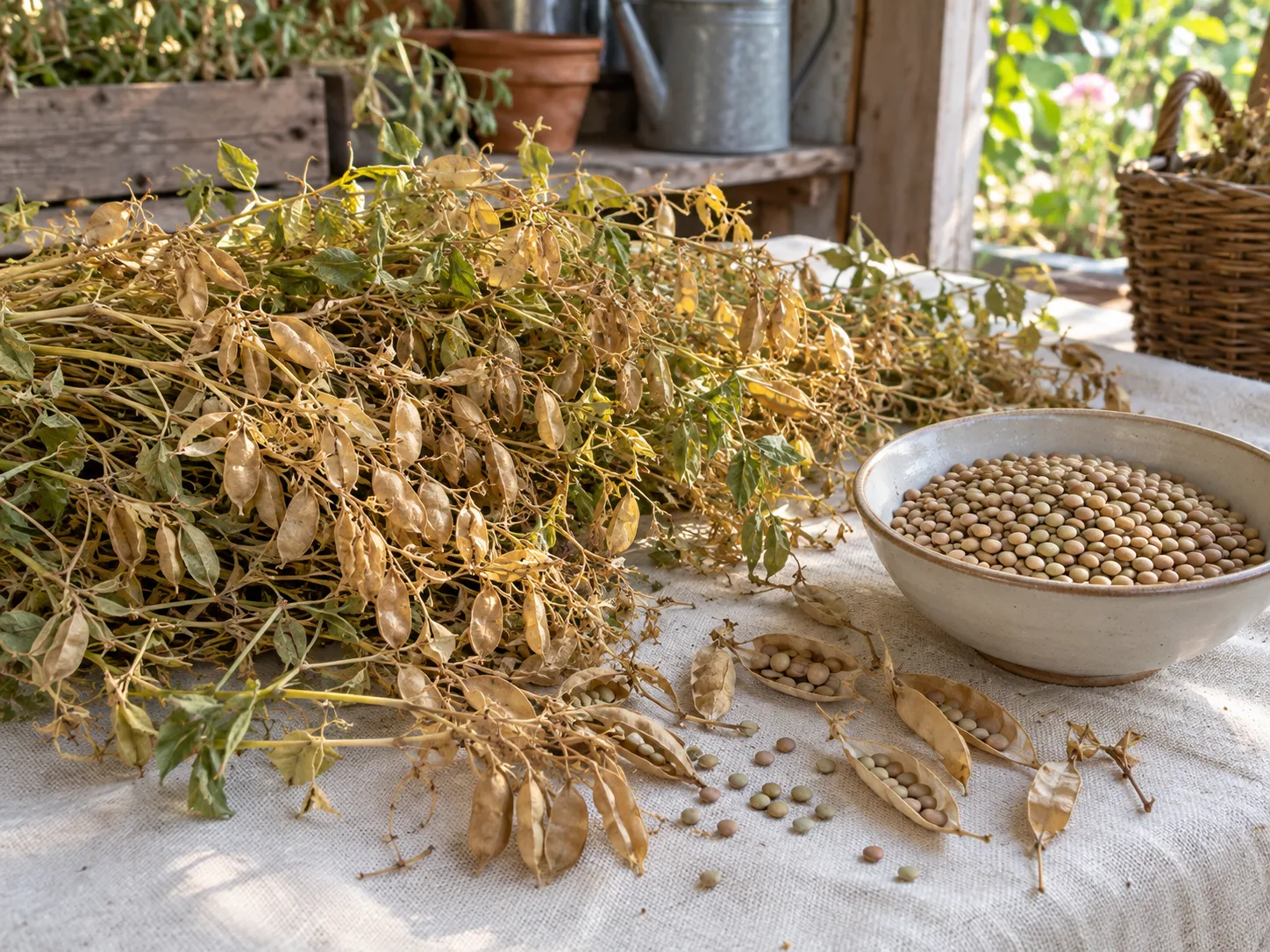 Tan lentil plants, dry pods, and cleaned lentil seed arranged on a tarp for a small home-garden harvest