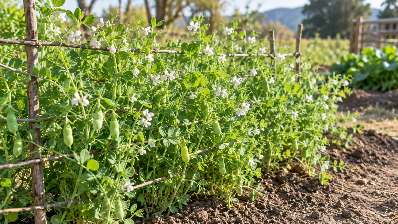 Healthy lentil plants flowering and filling pods on a low support in a sunny garden bed