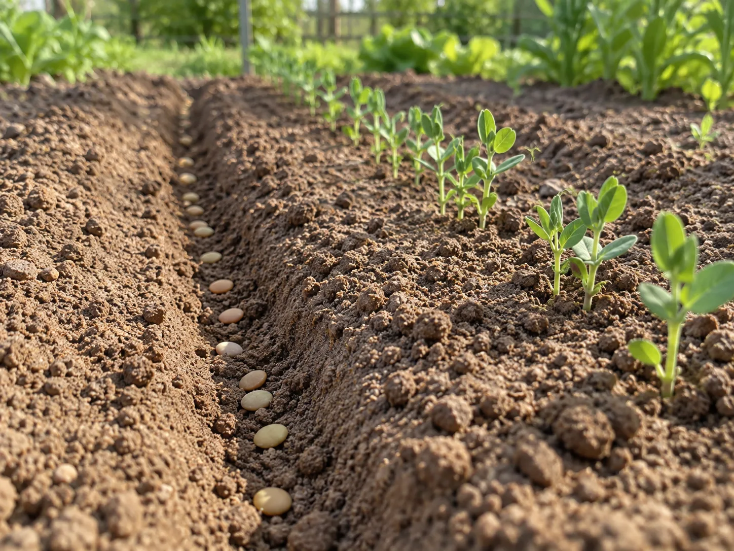 Whole lentil seed being sown into a firm, well-drained garden row prepared for a cool-season crop