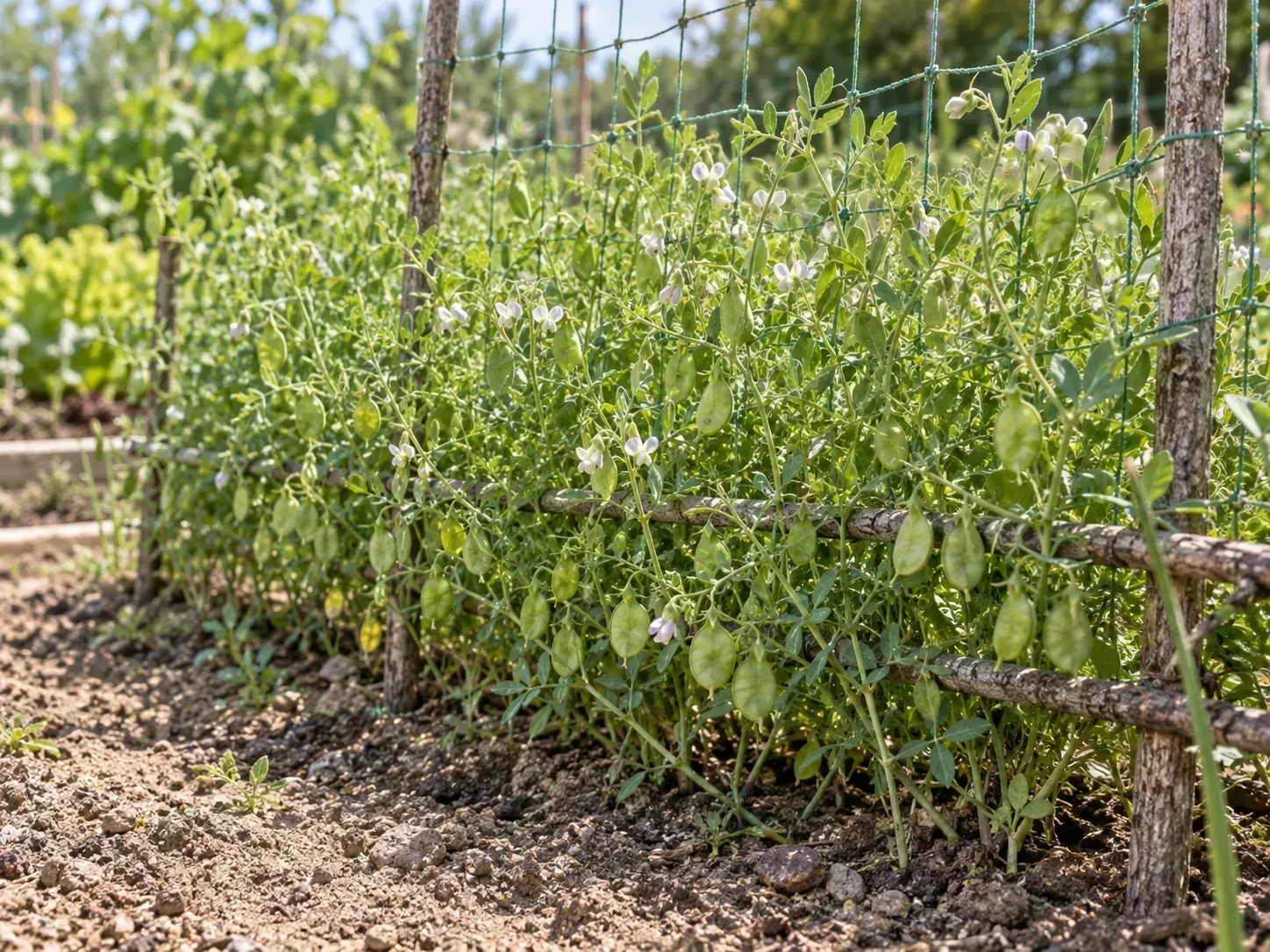 Mature lentil plants leaning into low twig and netting support above the garden soil
