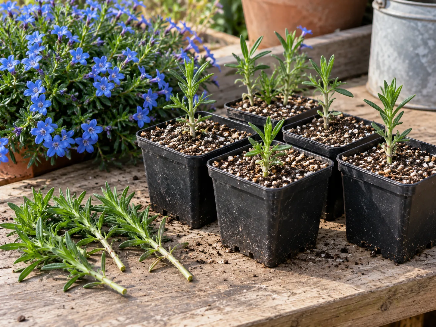 Semi-ripe Lithodora cuttings rooted in a light, gritty mix beside the mature blue-flowered plant.