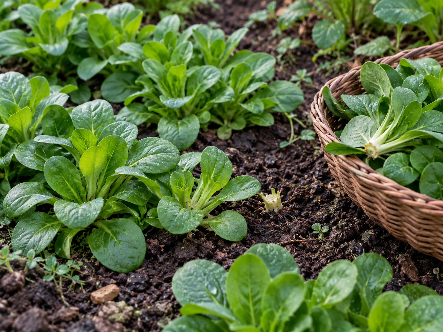 Low mâche rosettes ready for harvest beside a freshly cut plant