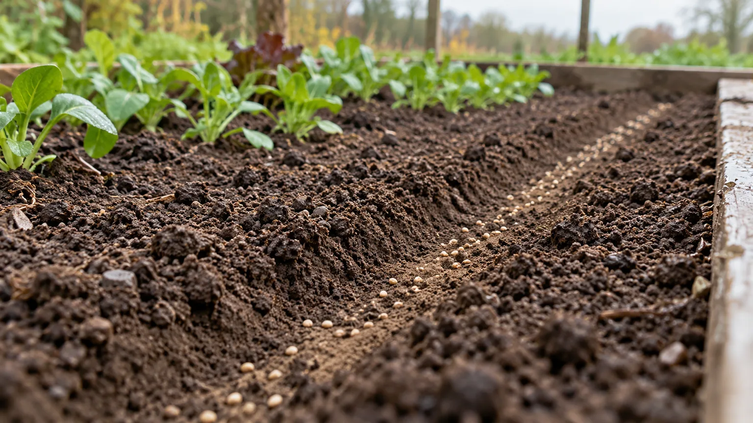 Mâche seeds spaced in a shallow drill in a prepared cool-season garden bed