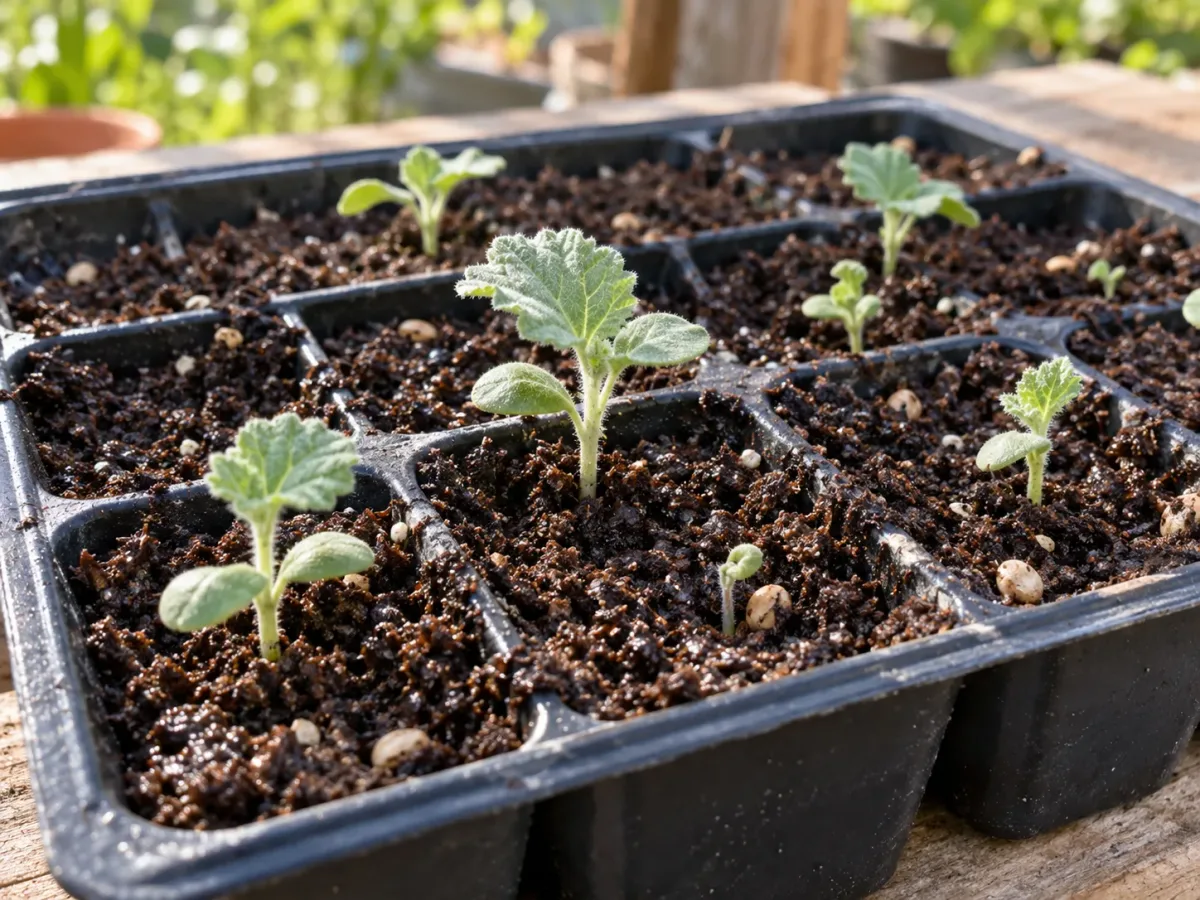 Marsh mallow seeds and young seedlings started in a clean seed tray