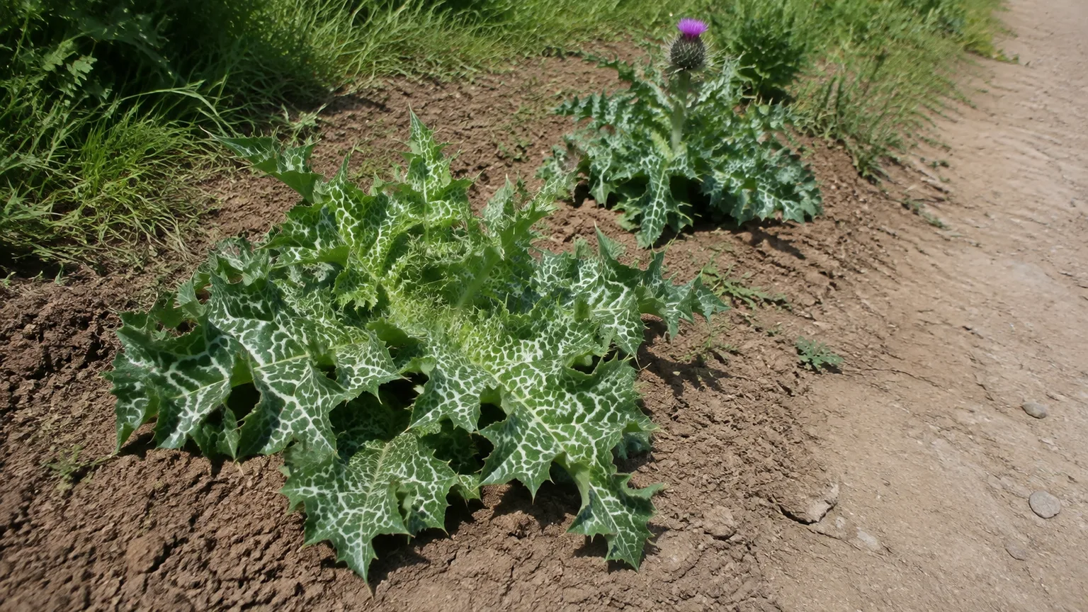White-marbled milk thistle rosettes growing beside a dry garden path