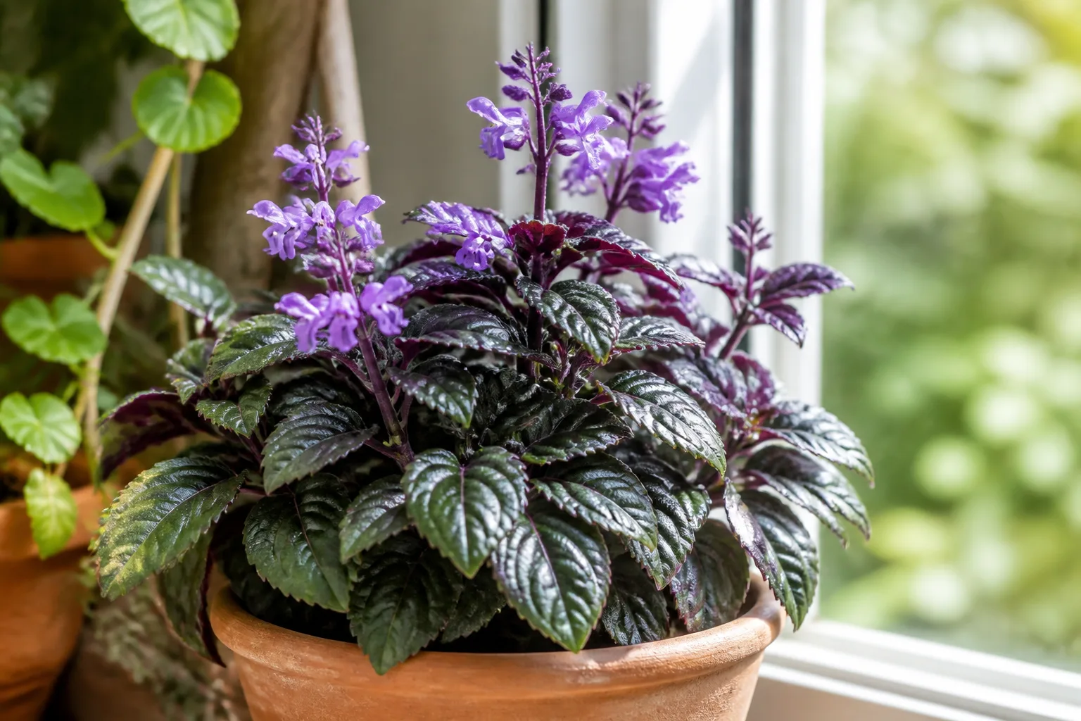 Mona Lavender Plectranthus in a terracotta pot with lavender-purple flowers and glossy green leaves with purple undersides on a bright windowsill